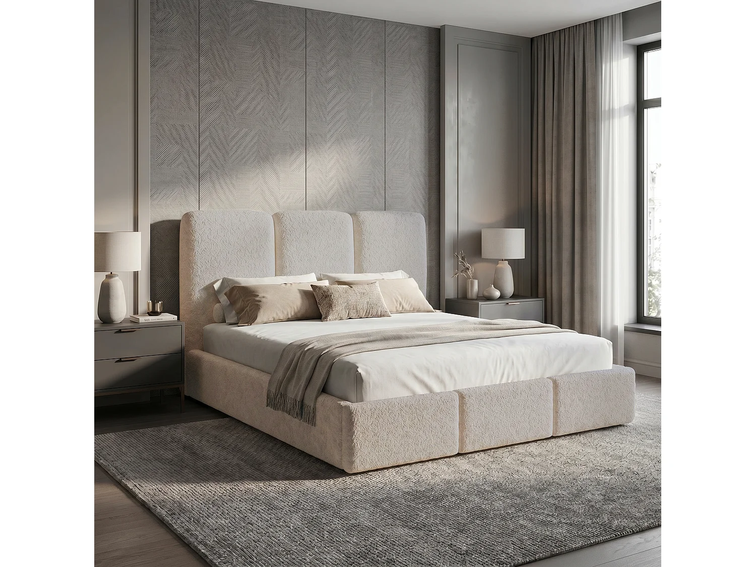 Lit tapissé 120x200 Elora bouclé – lit avec coffre de rangement et sommier, lit coffre moderne, lit chambre, tissu bouclé tendance – Beige