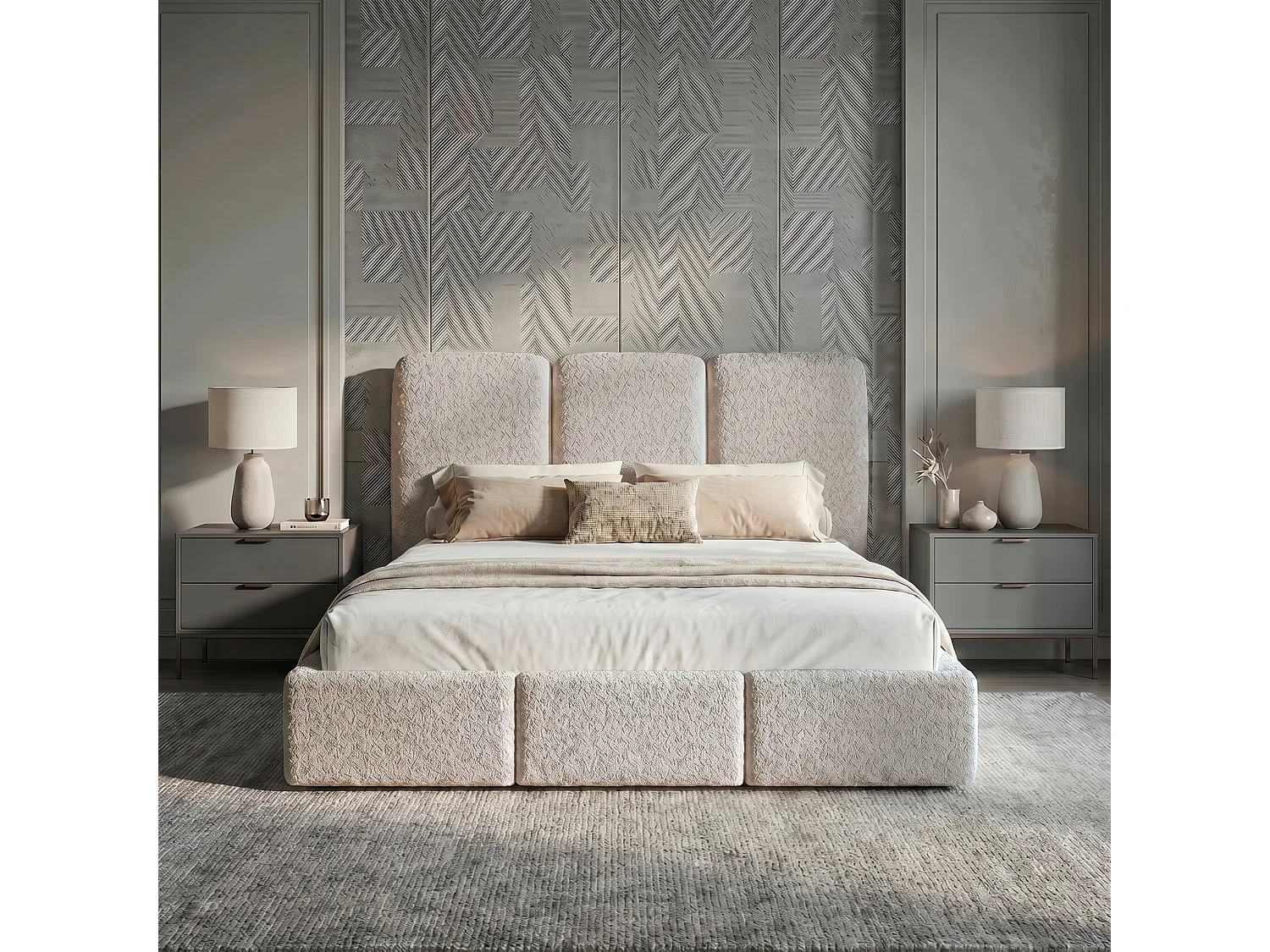 Lit tapissé 120x200 Elora bouclé – lit avec coffre de rangement et sommier, lit coffre moderne, lit chambre, tissu bouclé tendance – Beige