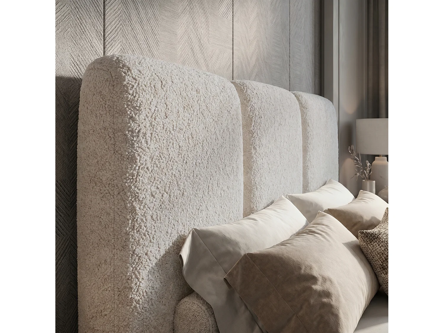 Lit tapissé 120x200 Elora bouclé – lit avec coffre de rangement et sommier, lit coffre moderne, lit chambre, tissu bouclé tendance – Beige