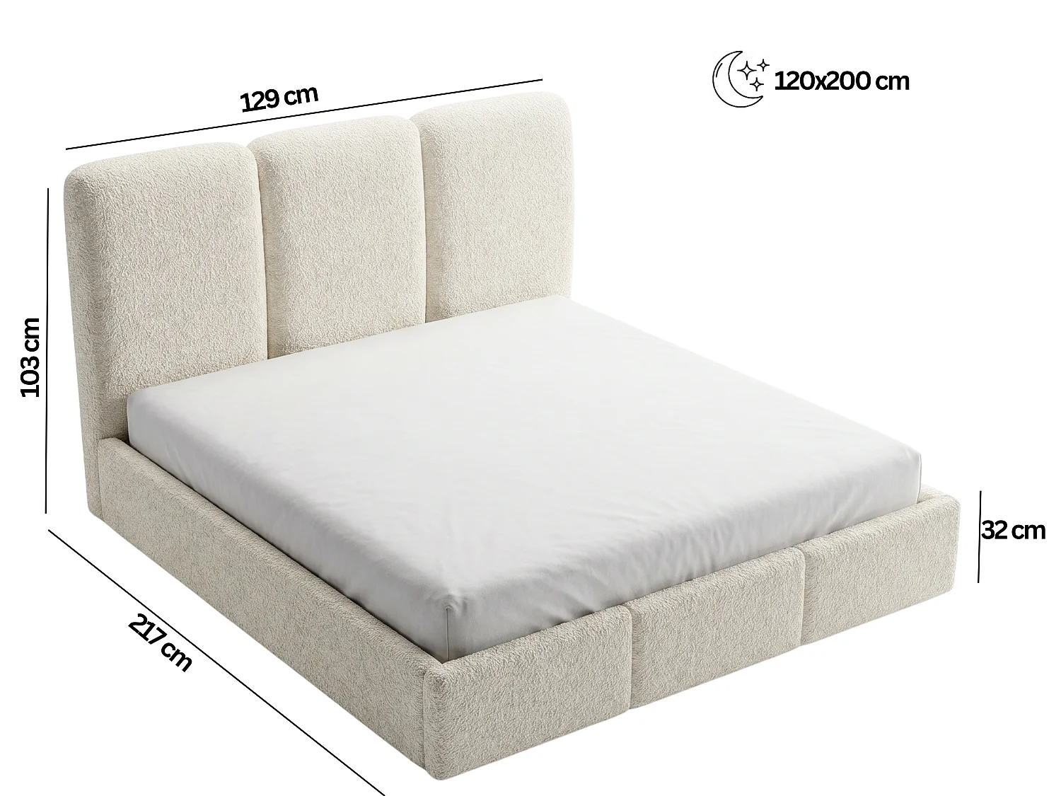 Lit tapissé 120x200 Elora bouclé – lit avec coffre de rangement et sommier, lit coffre moderne, lit chambre, tissu bouclé tendance – Beige