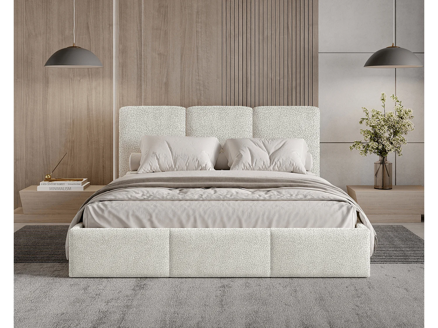 Gestoffeerd bed 140x200 Elora bouclé – bed met opbergruimte en lattenbodem, modern opbergbed, slaapkamerbed, trendy bouclé stof – Crème