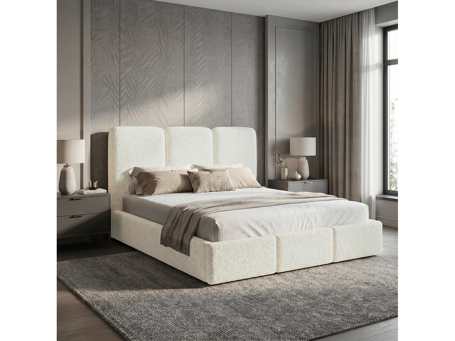 Lit tapissé 140x200 Elora bouclé – lit avec coffre de rangement et sommier, lit coffre moderne, lit chambre, tissu bouclé tendance – Crème