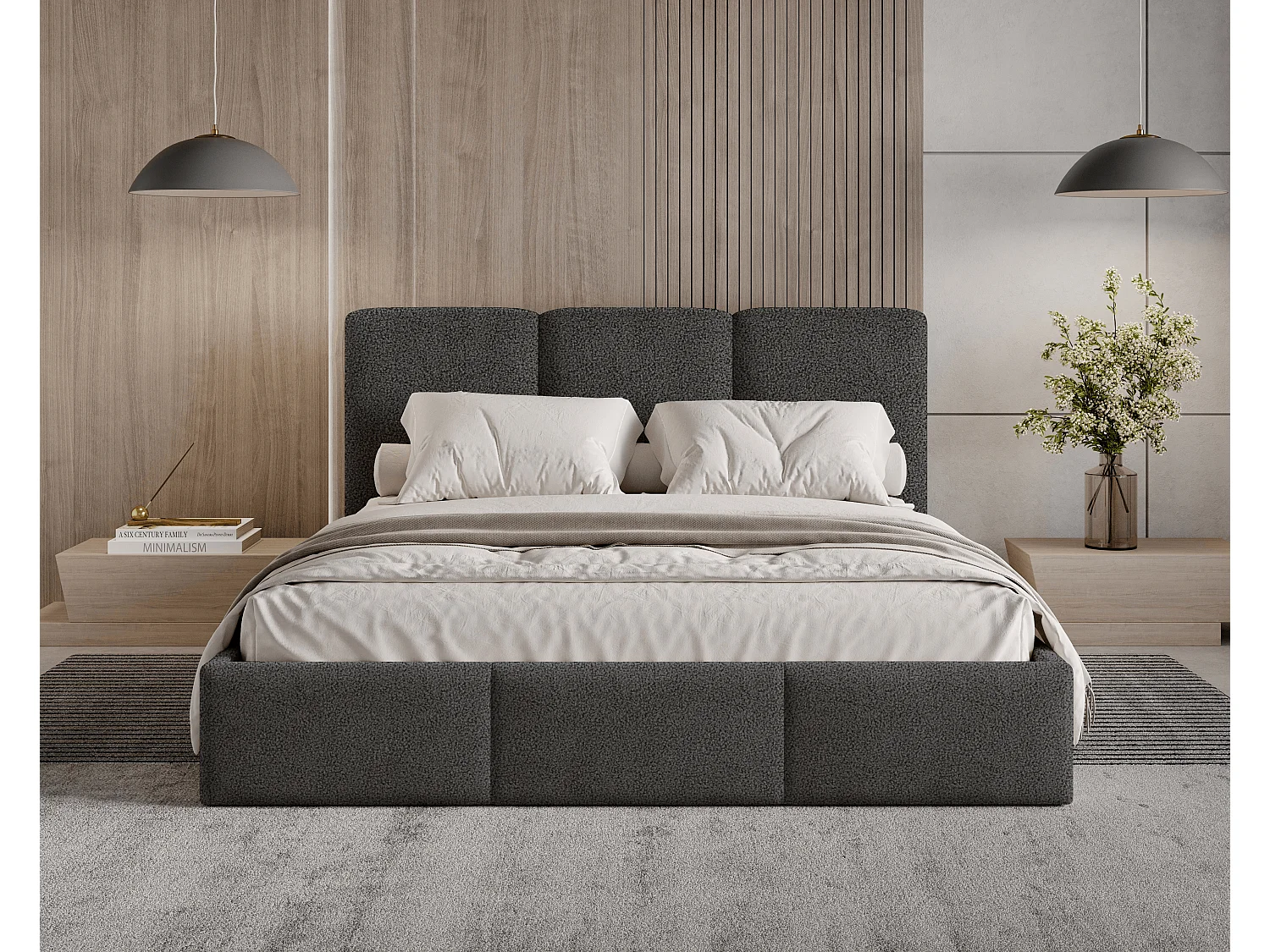 Gestoffeerd bed 120x200 Elora bouclé – bed met opbergruimte en lattenbodem, modern opbergbed, slaapkamerbed, trendy bouclé stof – Grijs