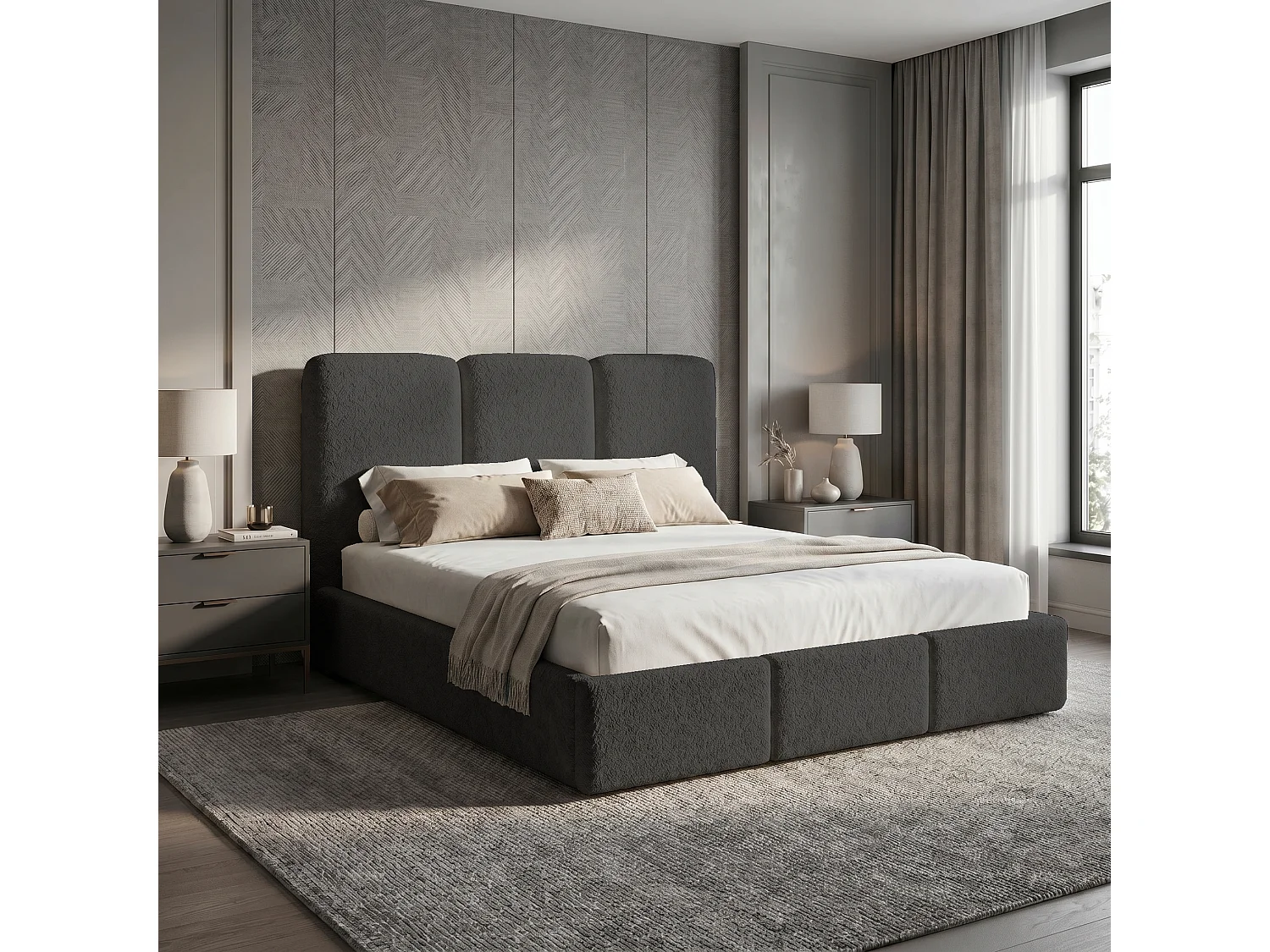 Lit tapissé 120x200 Elora bouclé – lit avec coffre de rangement et sommier, lit coffre moderne, lit chambre, tissu bouclé tendance – Gris