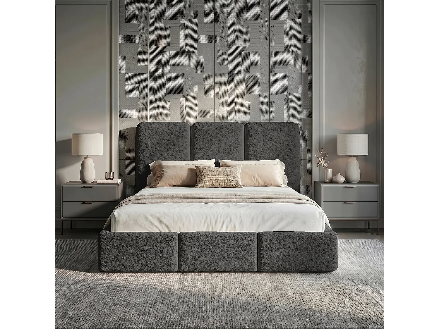 Lit tapissé 120x200 Elora bouclé – lit avec coffre de rangement et sommier, lit coffre moderne, lit chambre, tissu bouclé tendance – Gris
