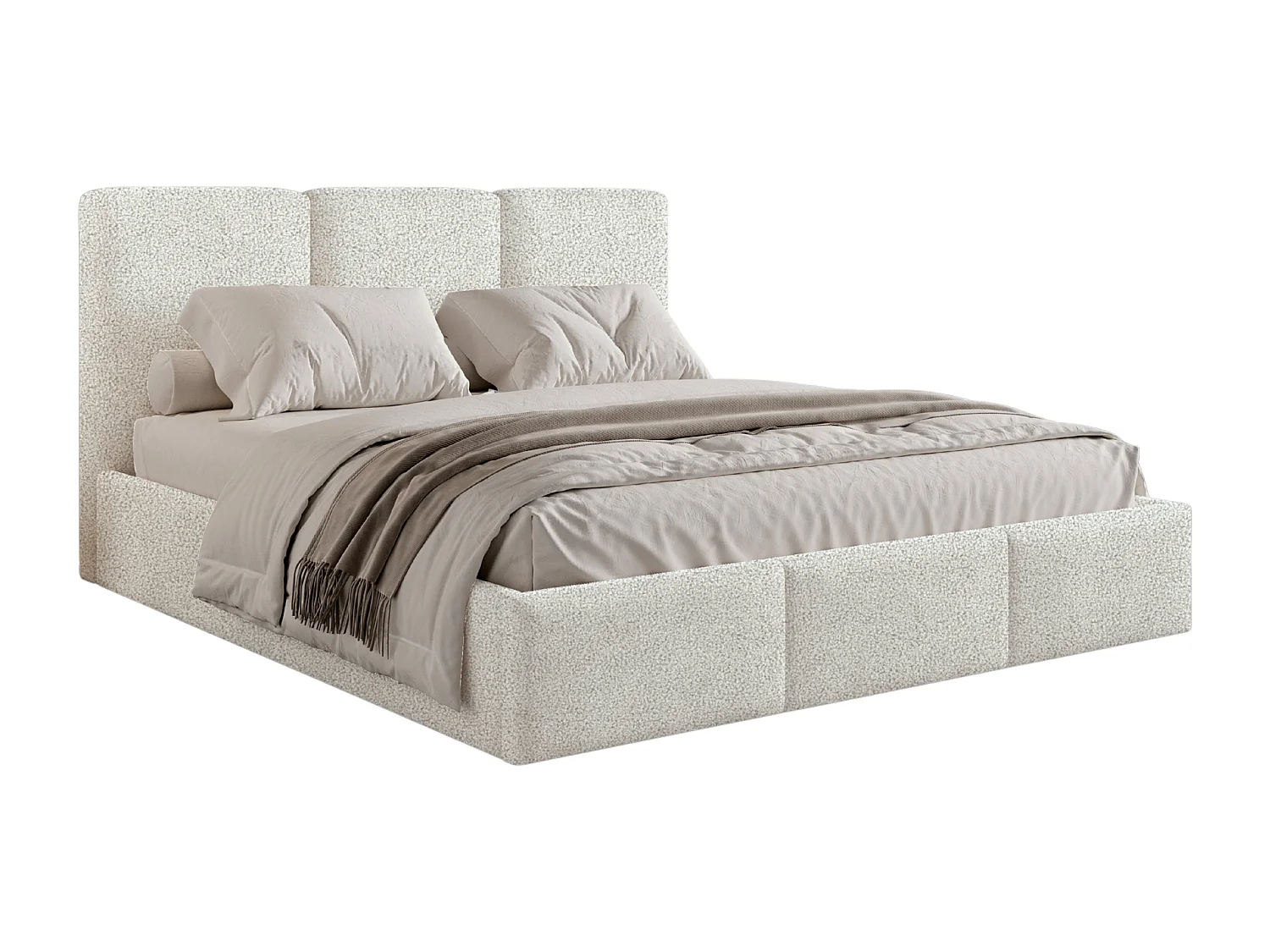 Lit tapissé 160x200 Elora bouclé – lit avec coffre de rangement et sommier, lit coffre moderne, lit chambre, tissu bouclé tendance – Crème