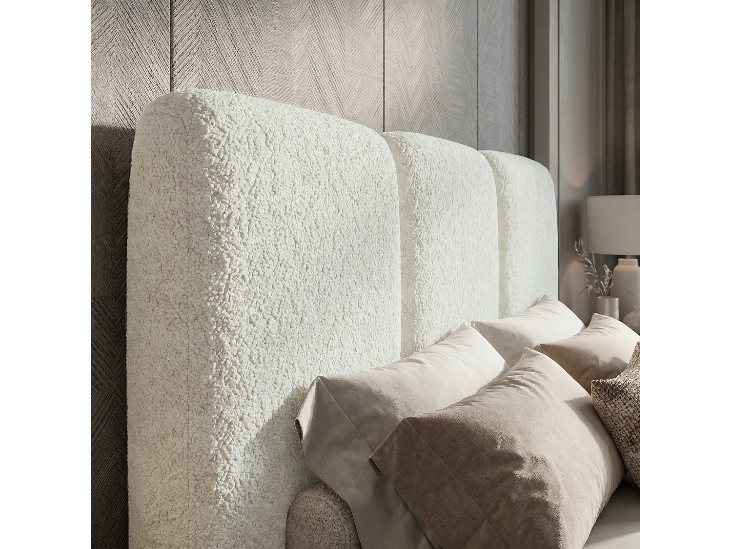 Lit tapissé 160x200 Elora bouclé – lit avec coffre de rangement et sommier, lit coffre moderne, lit chambre, tissu bouclé tendance – Crème
