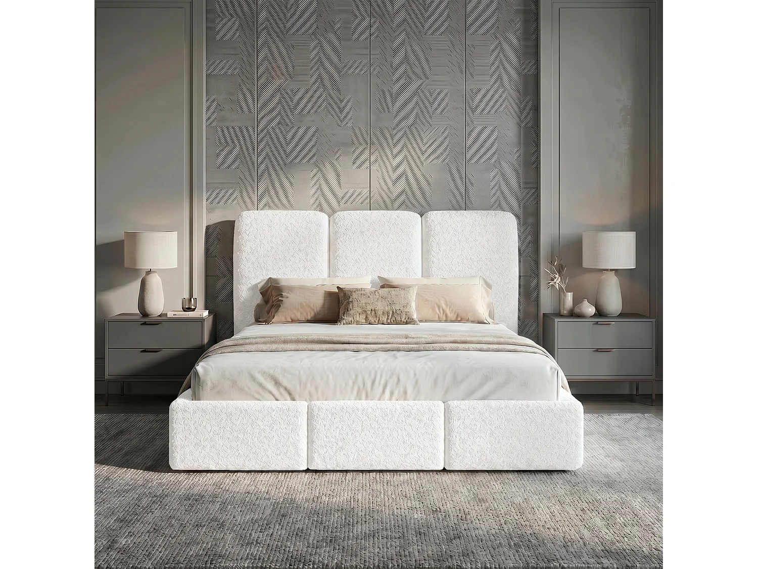 Lit tapissé 180x200 Elora bouclé – lit avec coffre de rangement et sommier, lit coffre moderne, lit chambre, tissu bouclé tendance – Blanc