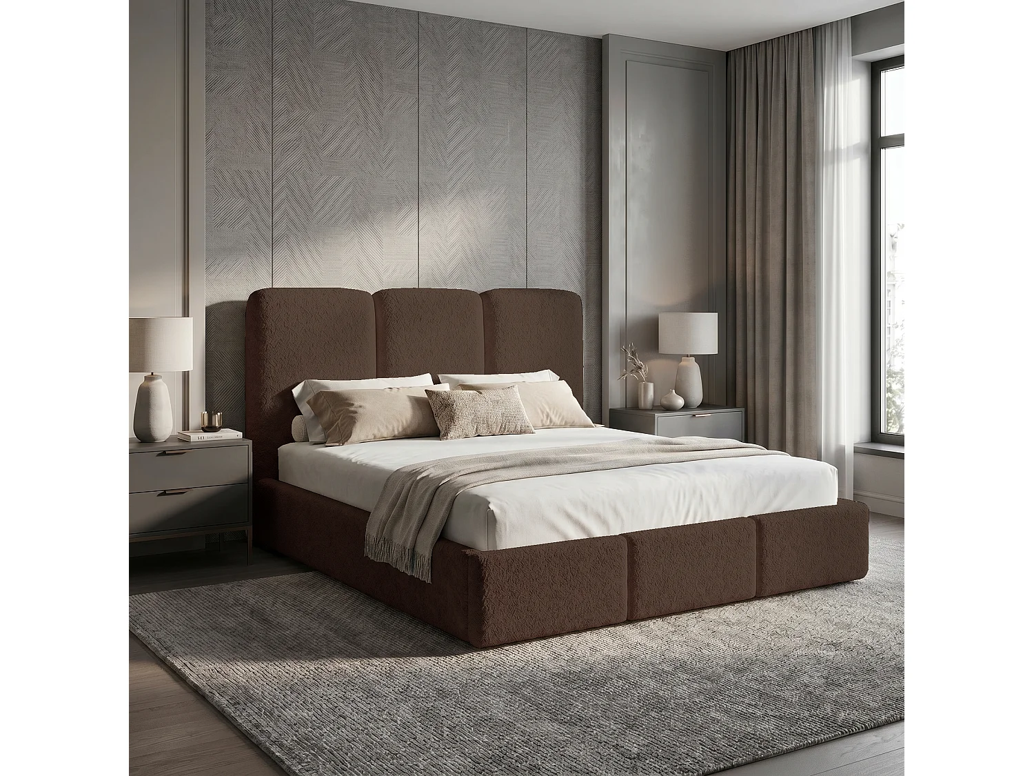Lit tapissé 180x200 Elora bouclé – lit avec coffre de rangement et sommier, lit coffre moderne, lit chambre, tissu bouclé tendance – Marron