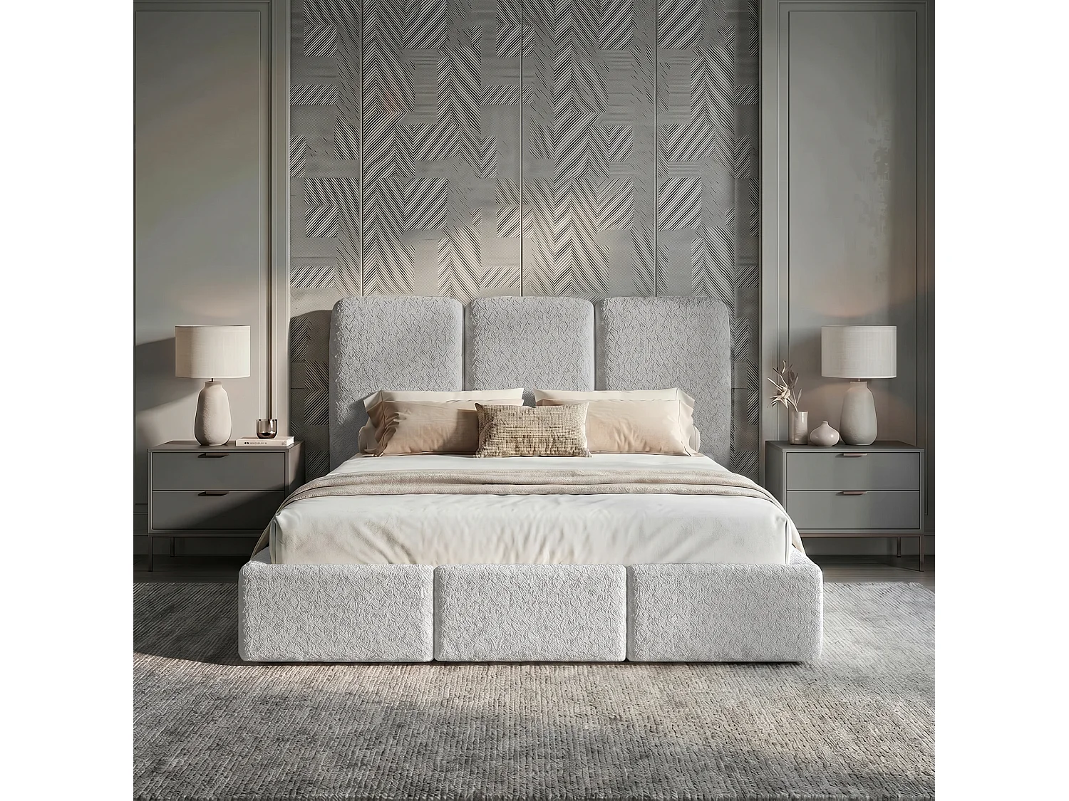 Lit tapissé 140x200 Elora bouclé – lit avec coffre de rangement et sommier, lit coffre moderne, lit chambre, tissu bouclé tendance – Gris clair