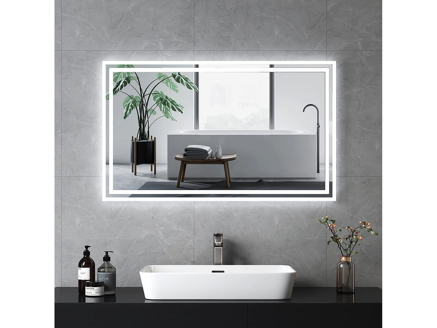 EMKE Specchio LED da Bagno 100 x 60 cm, Interruttore Meccanico, Anti Appannamento, Illuminazione Frontale e Posteriore, Bianco Caldo/Freddo