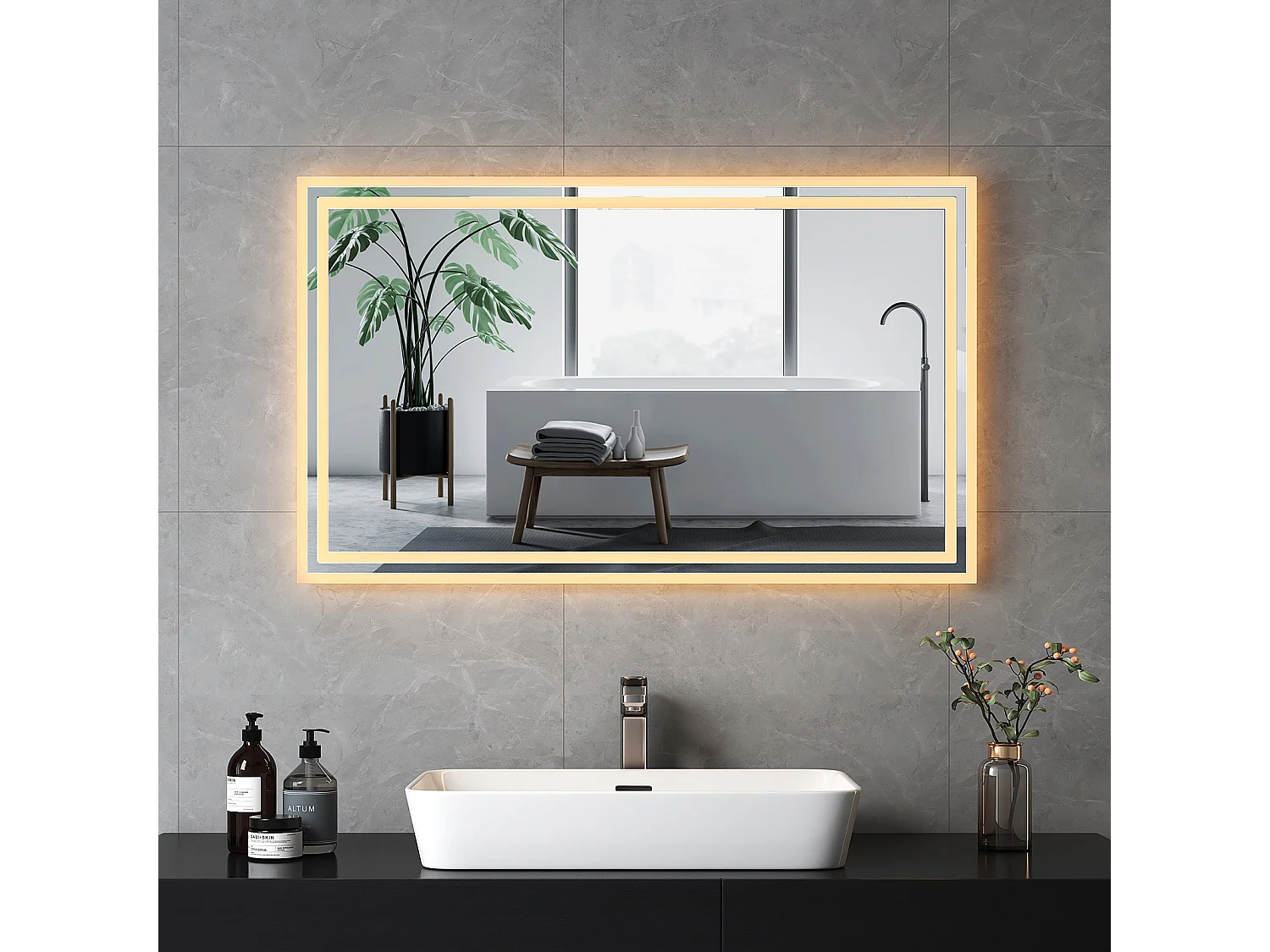 EMKE Specchio LED da Bagno 100 x 60 cm, Interruttore Meccanico, Anti Appannamento, Illuminazione Frontale e Posteriore, Bianco Caldo/Freddo