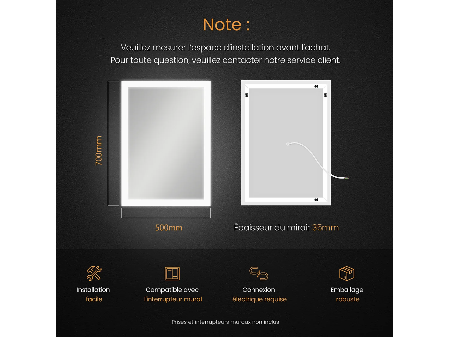 EMKE Badkamerspiegel LED 70x50cm anti-condens dubbele verlichting