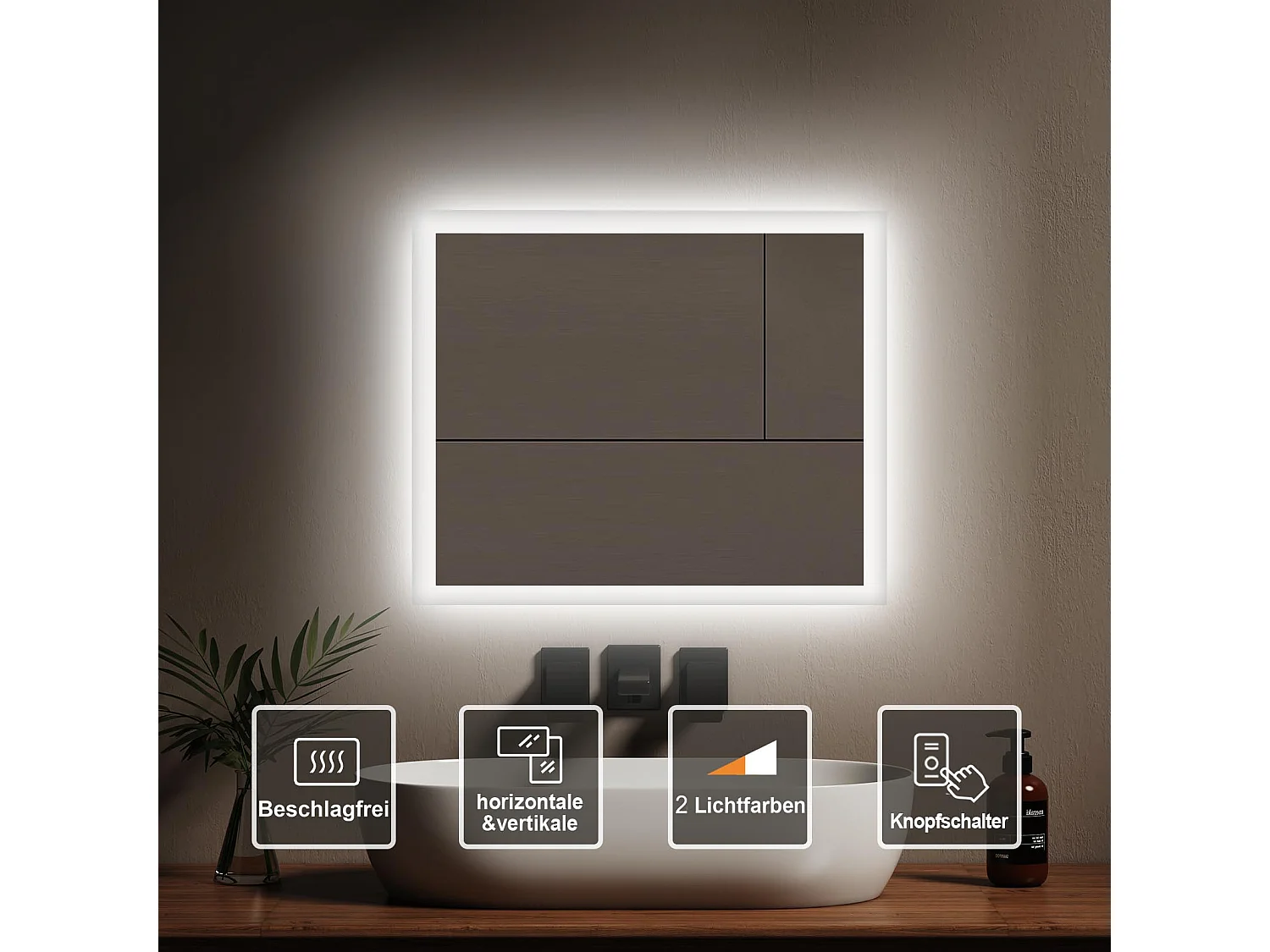EMKE LED-Badezimmerspiegel 50 x 60 cm, Anti-Beschlag, mechanischer Schalter, 2 Farbtemperaturen