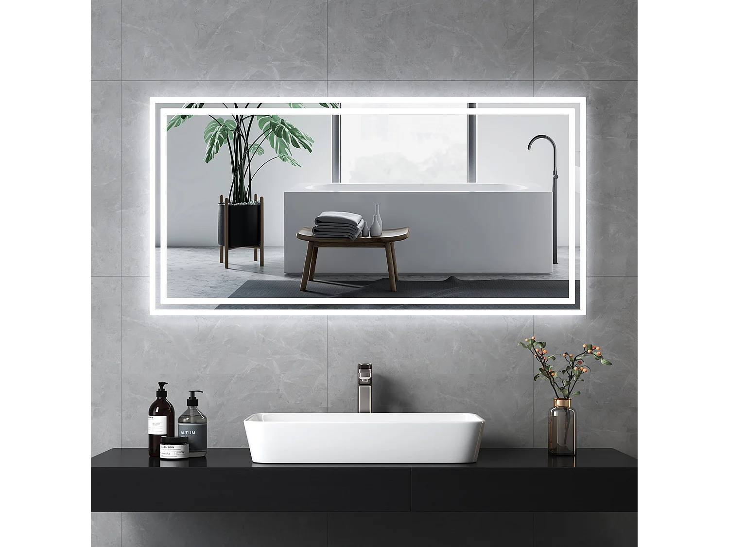 EMKE LED Badkamerspiegel 120 x 60 cm, Mechanische Schakelaar, Anti Condensfunctie, Voor- en Achtergrondverlichting, Warmwit/Koudwit