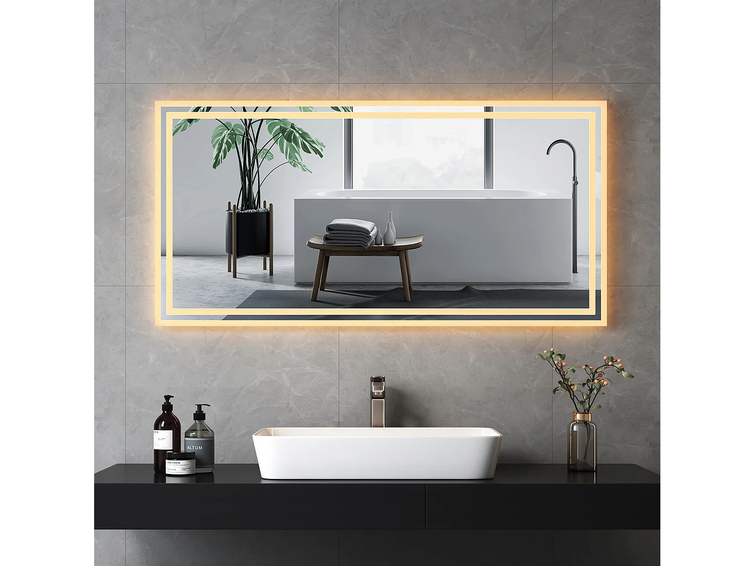 EMKE LED Badkamerspiegel 120 x 60 cm, Mechanische Schakelaar, Anti Condensfunctie, Voor- en Achtergrondverlichting, Warmwit/Koudwit