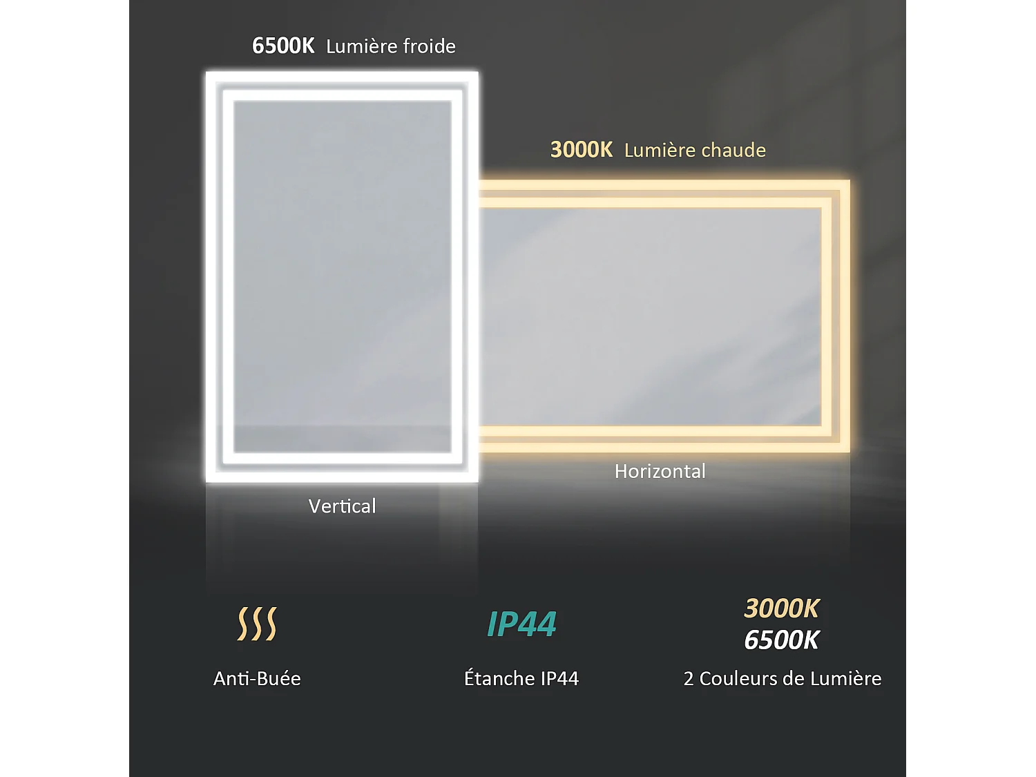 EMKE Badkamerspiegel LED 60x50cm anti-condens dubbele verlichting