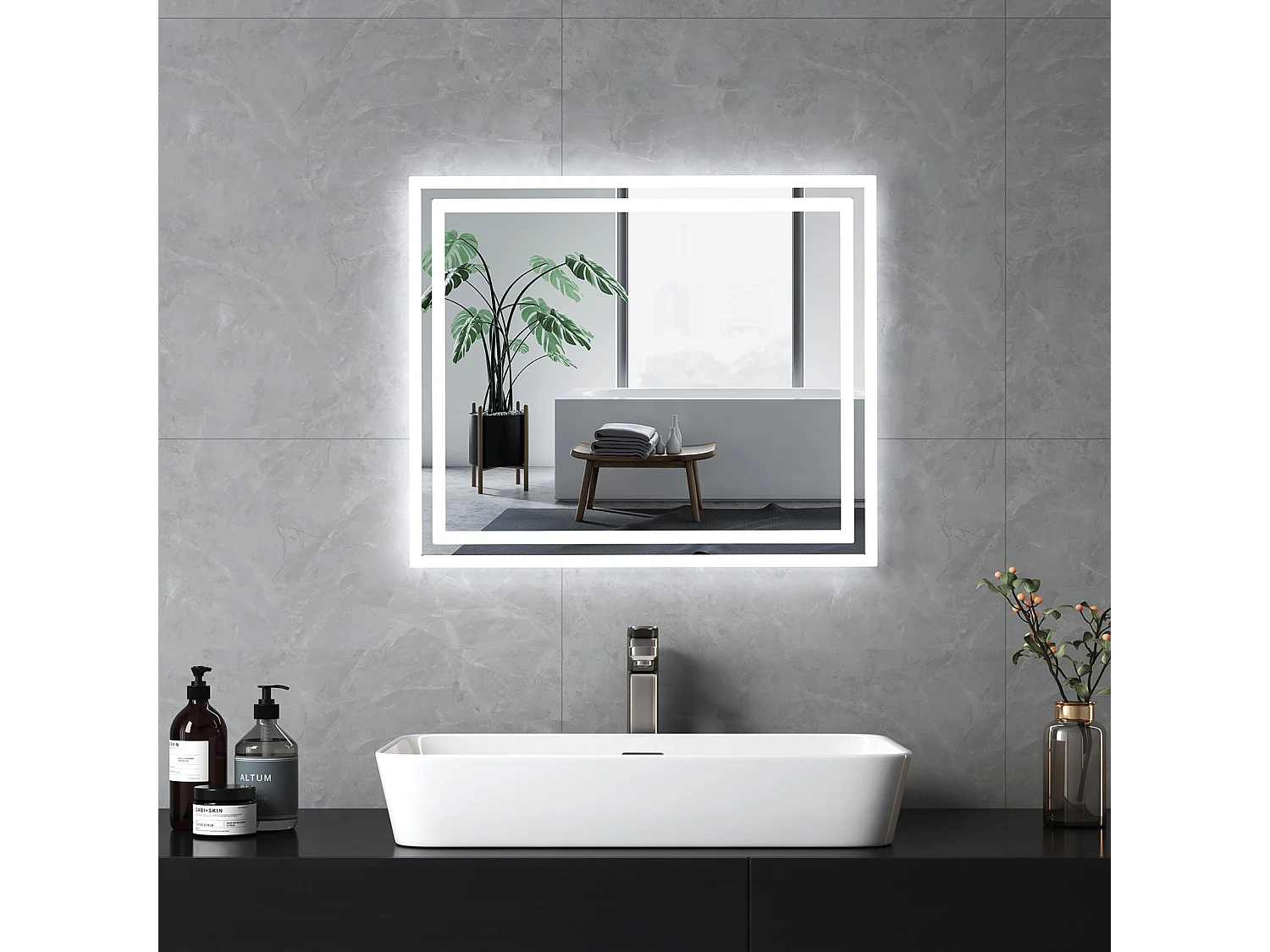EMKE Specchio LED da Bagno 60 x 50 cm, Interruttore Meccanico, Anti Appannamento, Illuminazione Frontale e Posteriore, Bianco Caldo/Freddo