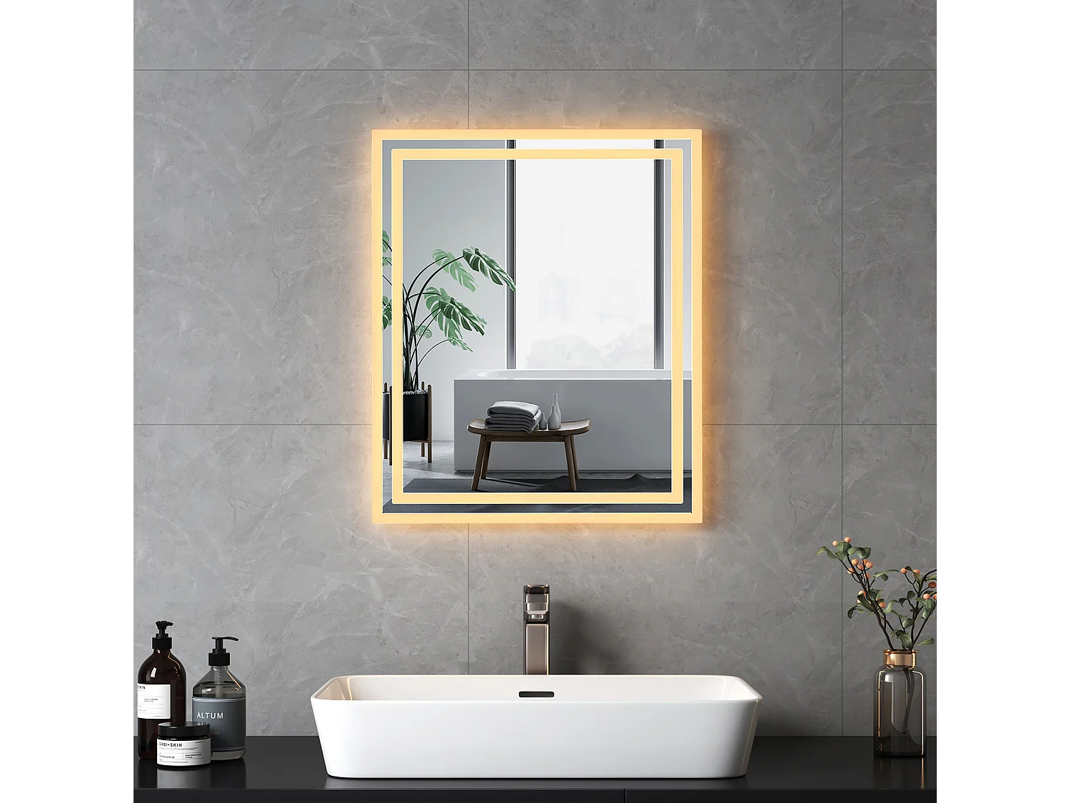 EMKE Specchio LED da Bagno 60 x 50 cm, Interruttore Meccanico, Anti Appannamento, Illuminazione Frontale e Posteriore, Bianco Caldo/Freddo