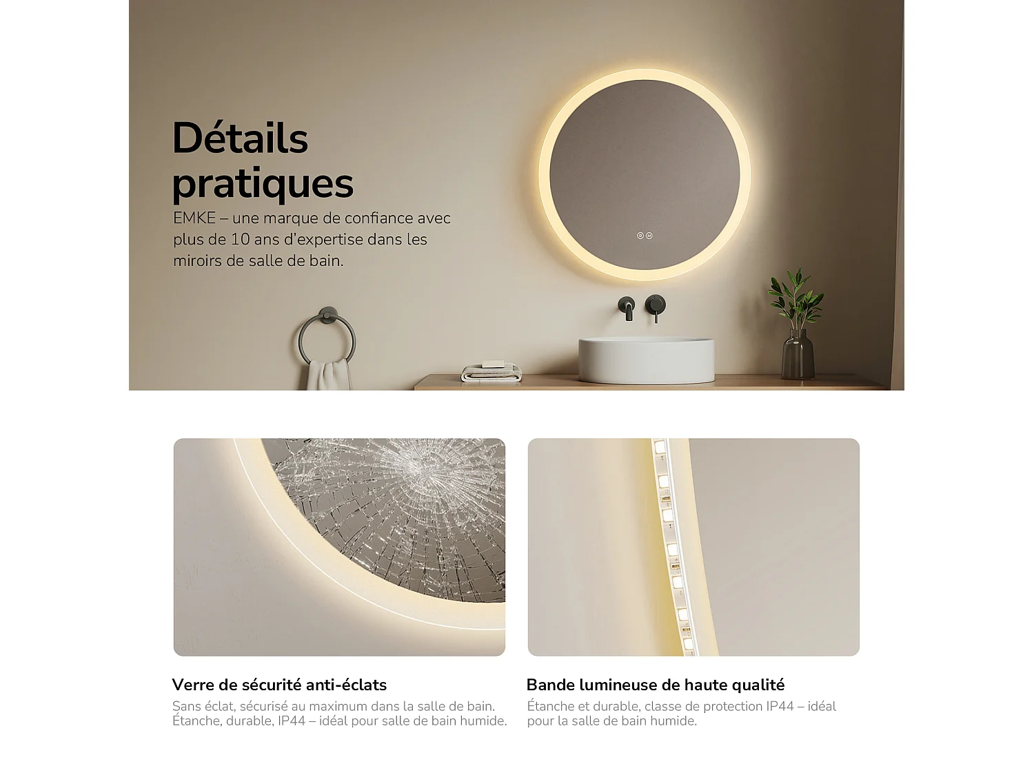 EMKE Ronde LED badkamerspiegel met anti-condens 60 cm