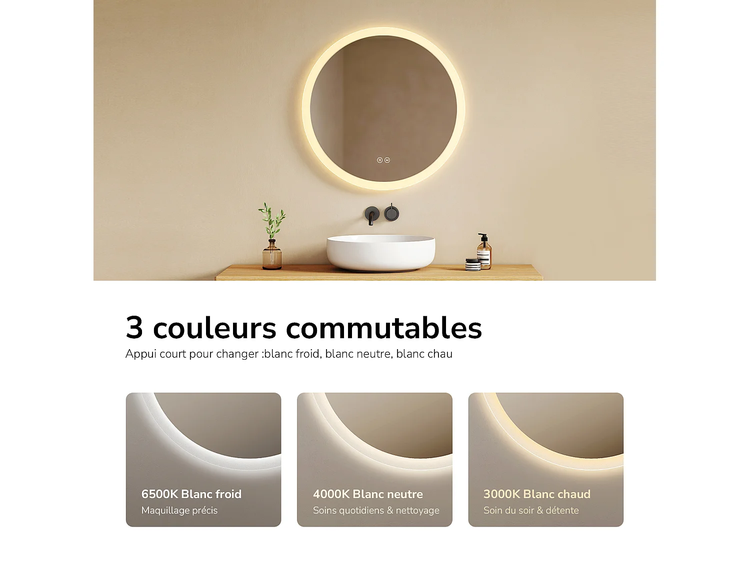 EMKE Miroir lumineux salle de bain rond diamètre 60cm, Miroir LED avec Interrupteur Tactile, Anti-buée, Miroir avec éclairage 3 couleurs