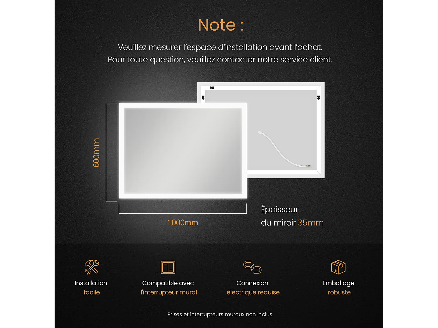 EMKE Specchio LED da Bagno 60 x 100 cm, Anti-Appannamento, Interruttore Meccanico, 2 Temperature di Colore