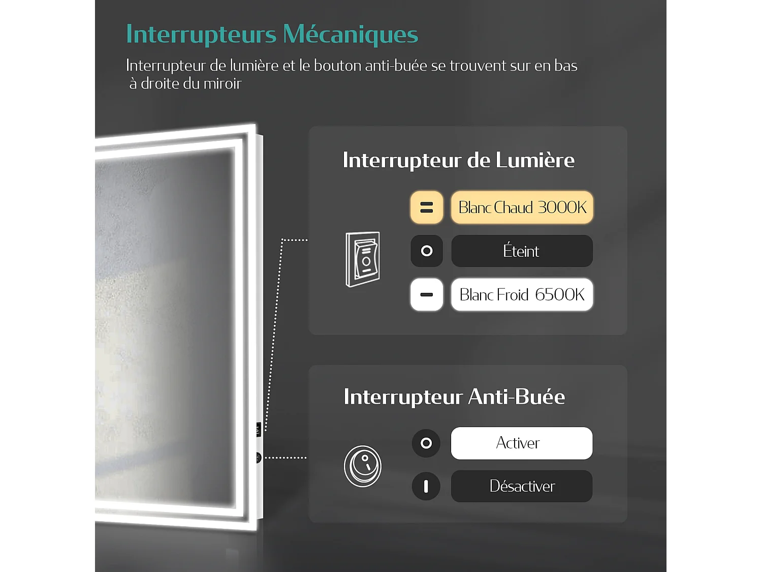 EMKE Badkamerspiegel LED 80x60cm anti-condens dubbele verlichting