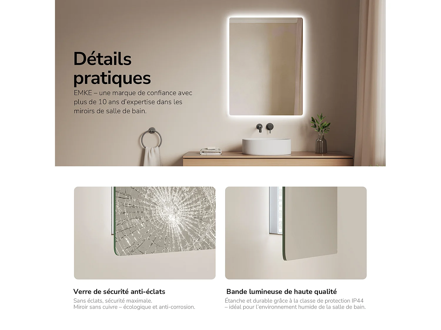 EMKE LED badkamerspiegel met achtergrondverlichting 80x60 cm koud wit