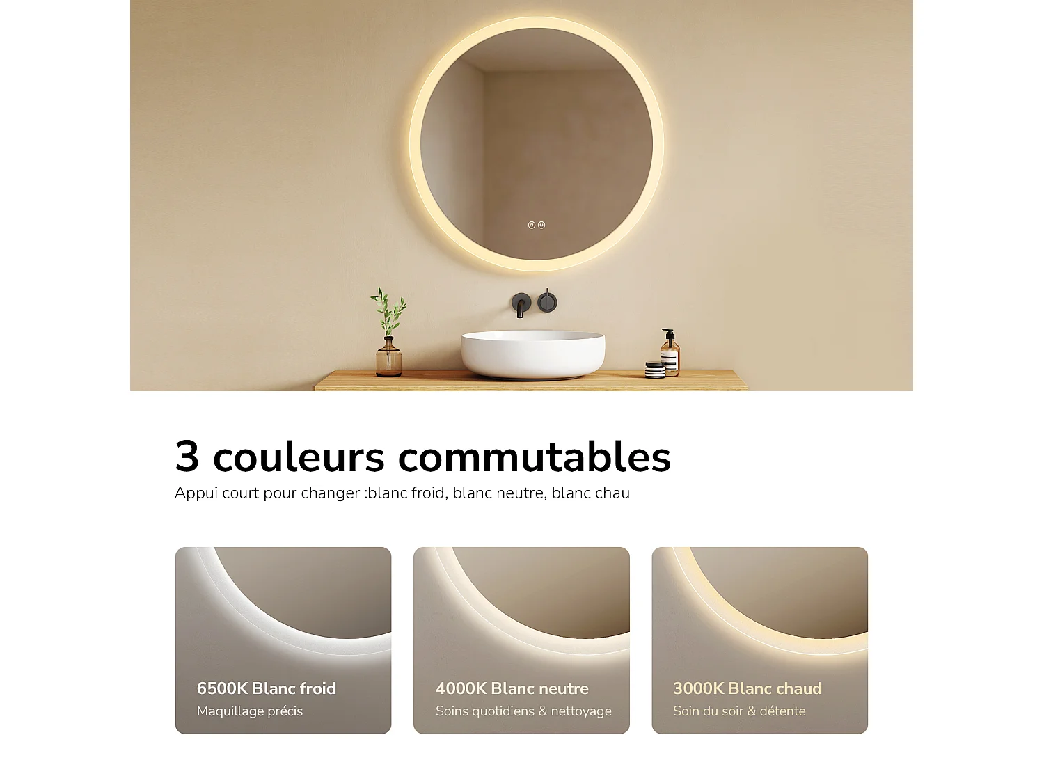 EMKE Miroir de salle de bain rond LED avec anti-buée 70 cm