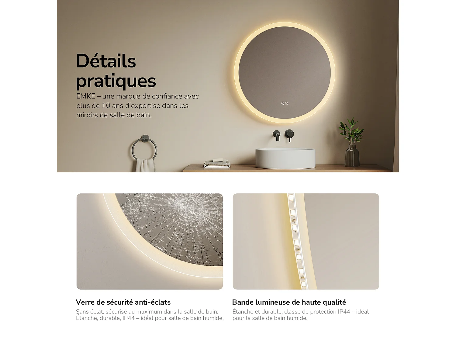 EMKE Miroir de salle de bain rond LED avec anti-buée 70 cm