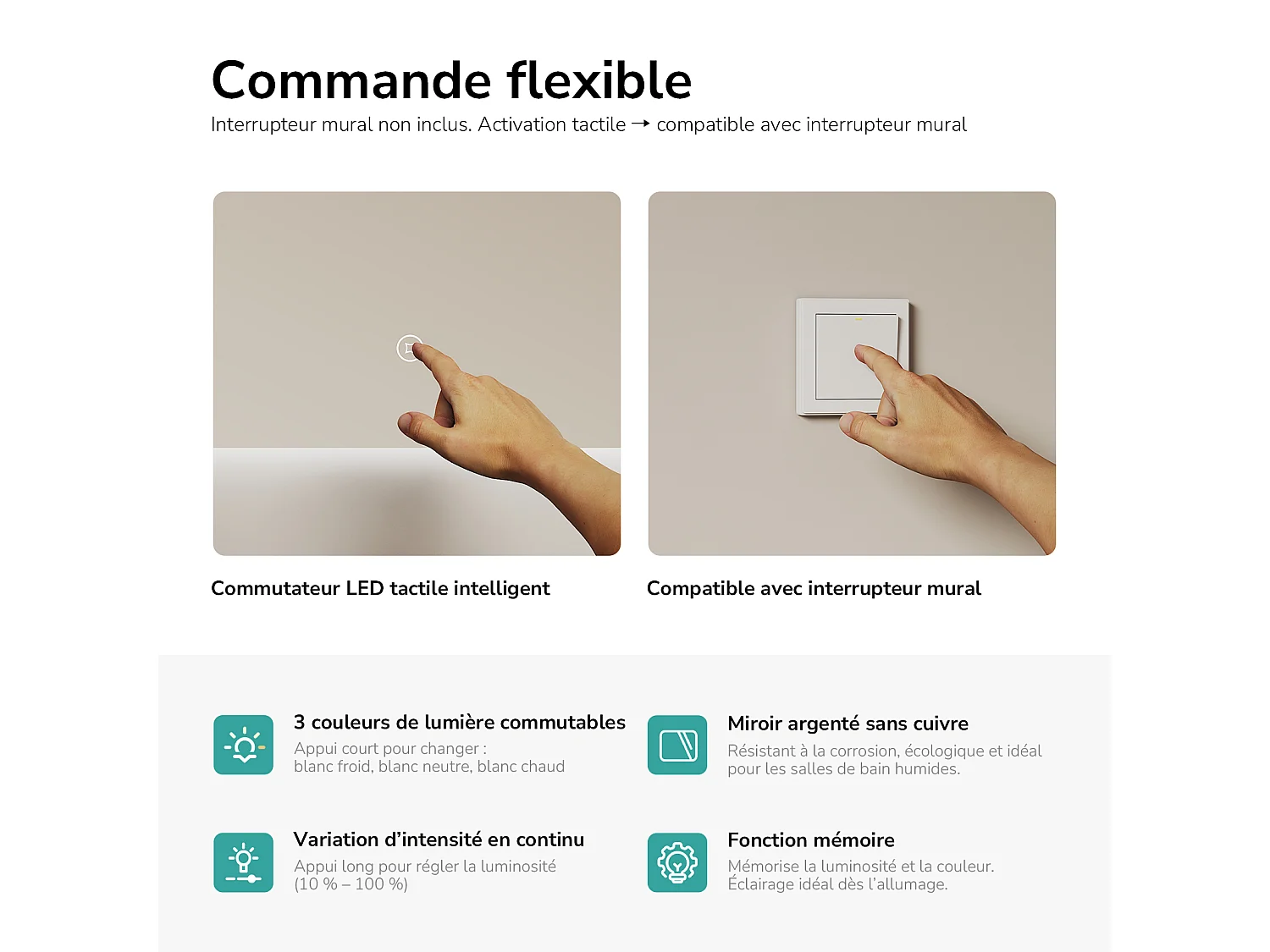 EMKE Miroir de salle de bain LED rectangulaire 100x60 cm tactile