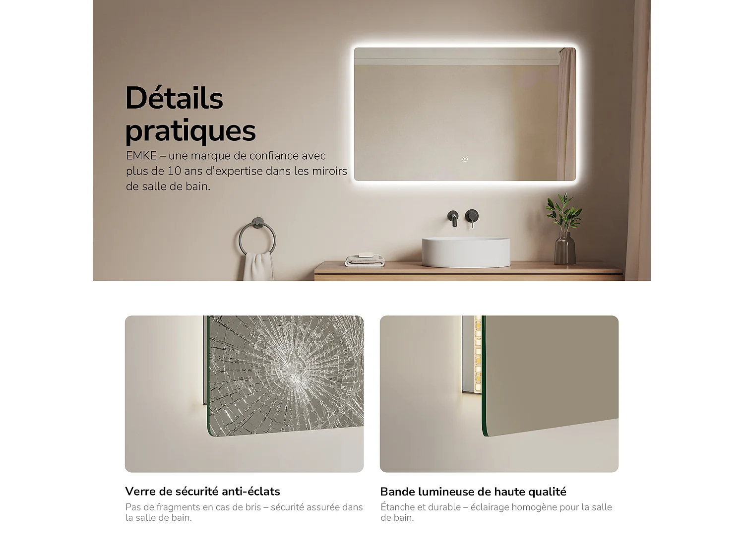 EMKE Miroir de salle de bain LED rectangulaire 100x60 cm tactile