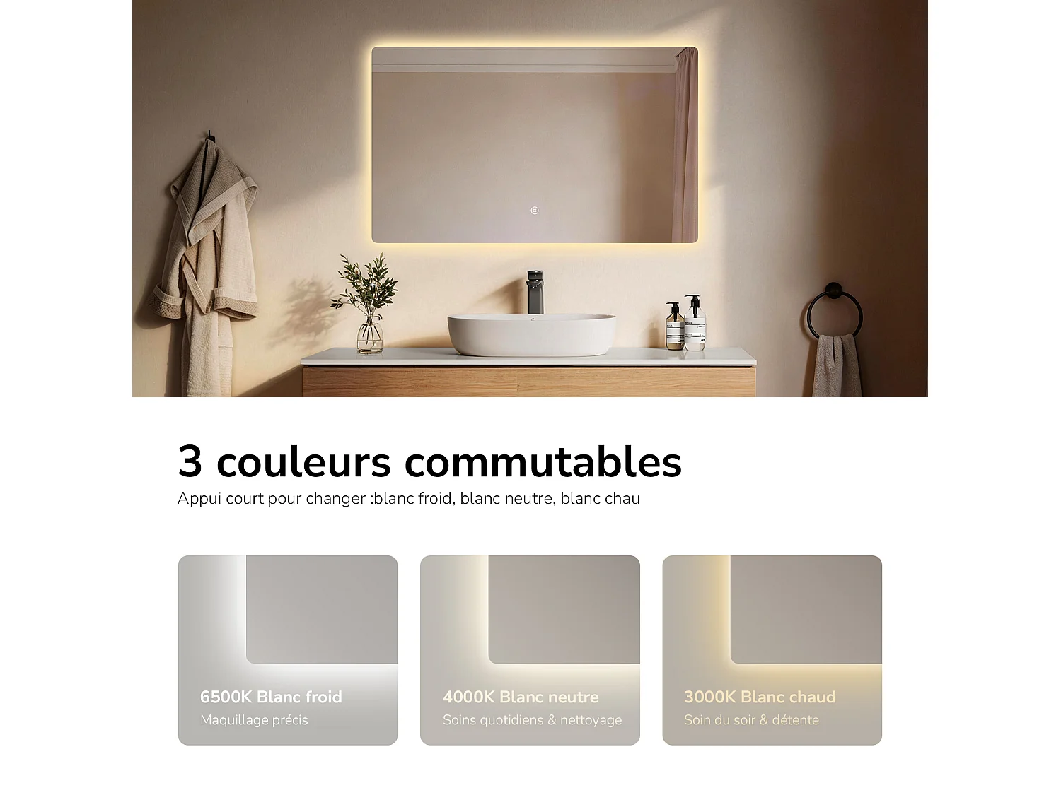 EMKE Miroir de salle de bain LED rectangulaire 100x60 cm tactile