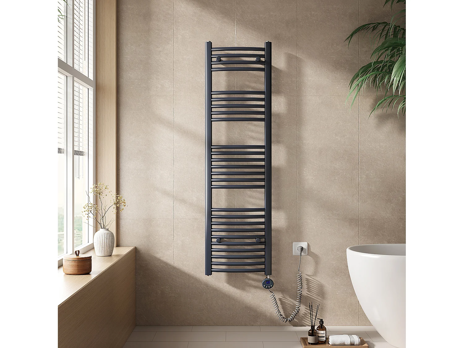 EMKE Elektrische handdoekradiator antraciet WiFi 140x40cm 500W IP44 thermostaat Tuya app smart life home