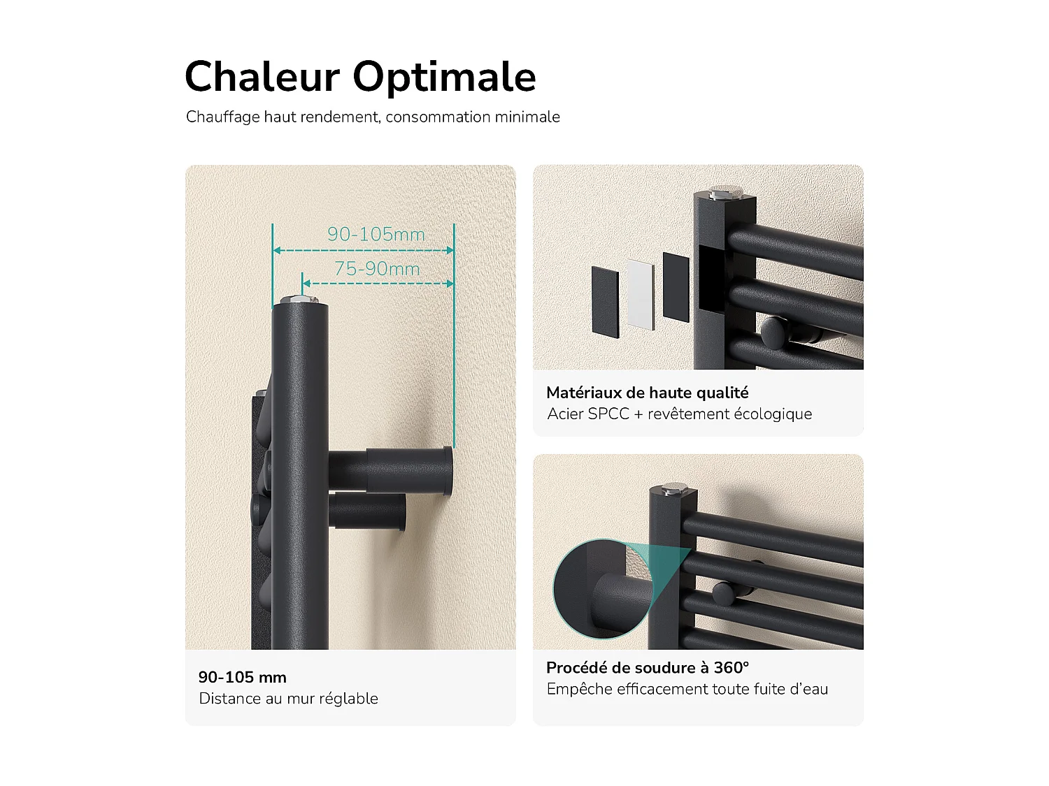 EMKE Handdoekradiator warm water antraciet 180 x 60 cm 860W midden en zijaansluiting