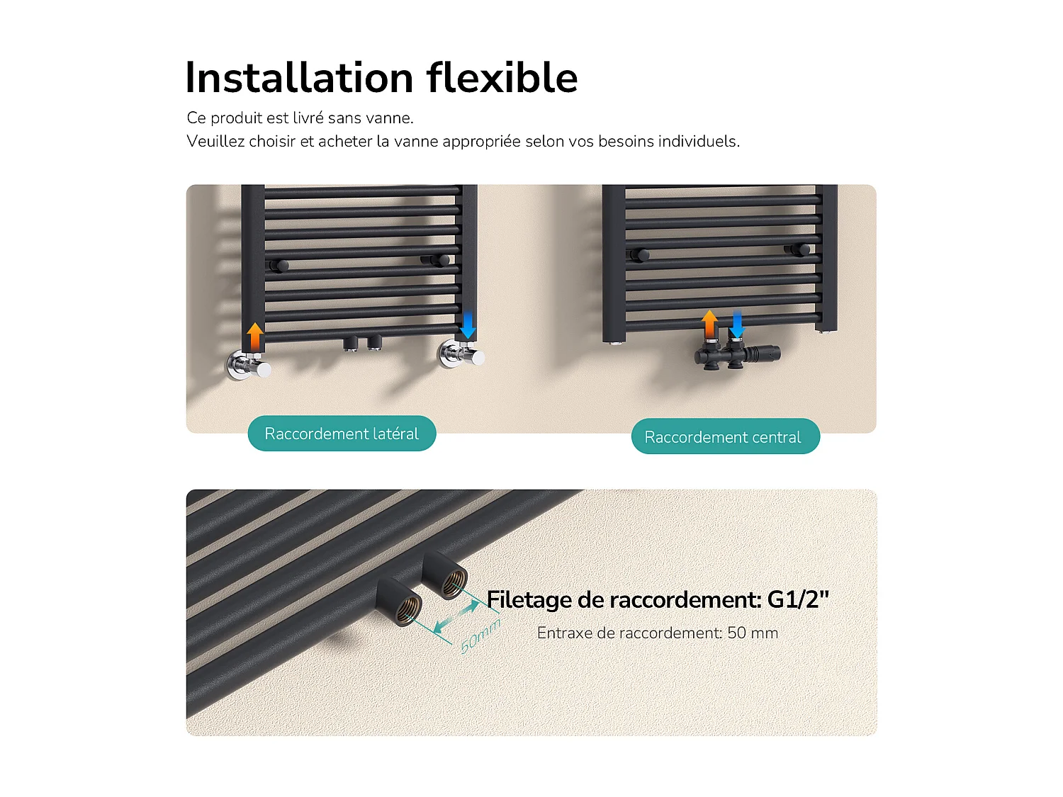 EMKE Handdoekradiator warm water antraciet 180 x 60 cm 860W midden en zijaansluiting