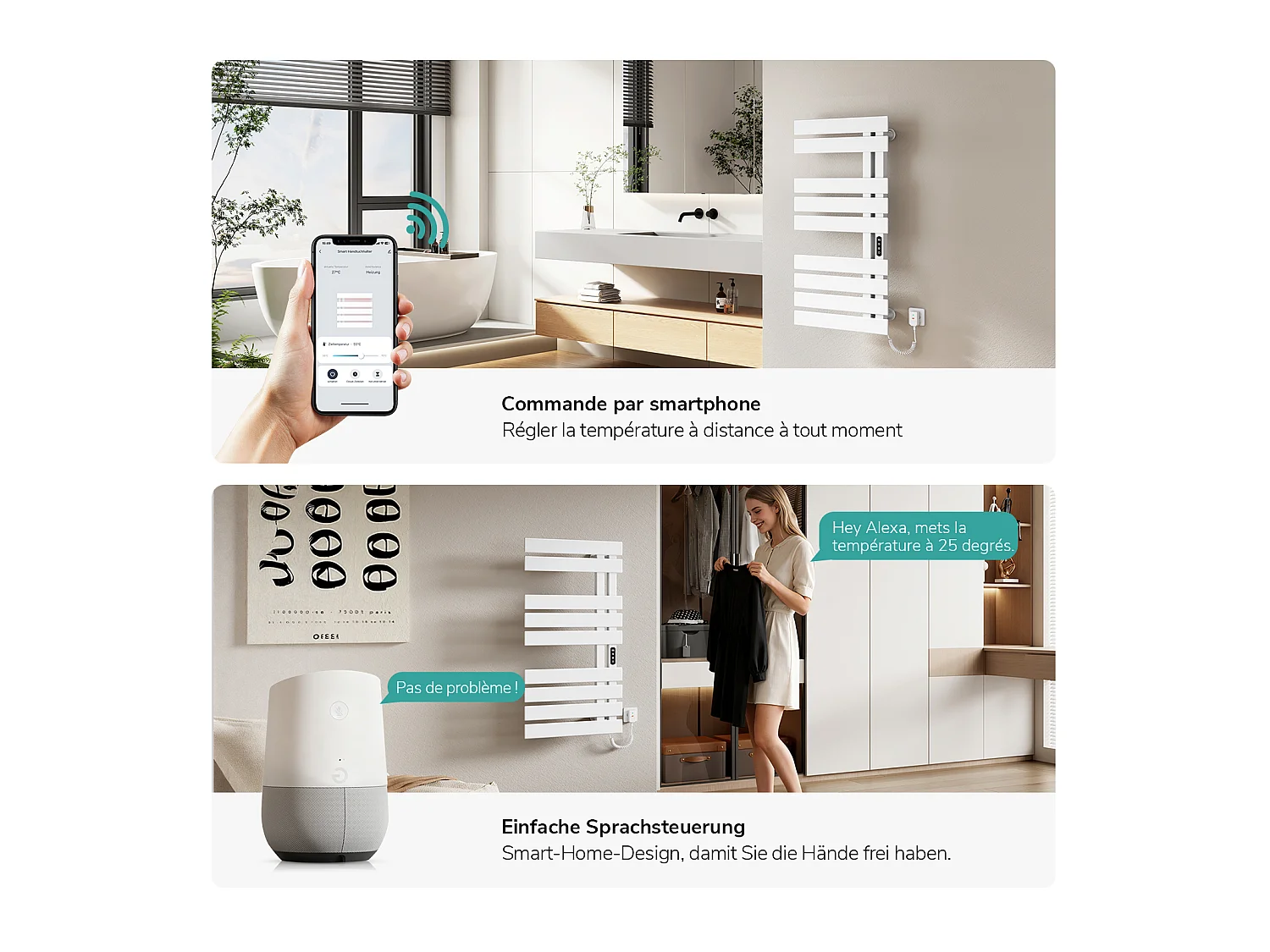 EMKE Sèche-serviettes Électrique Salle de Bain WiFi 1000x500 mm 320W, Blanc, Chauffe-serviettes Électrique