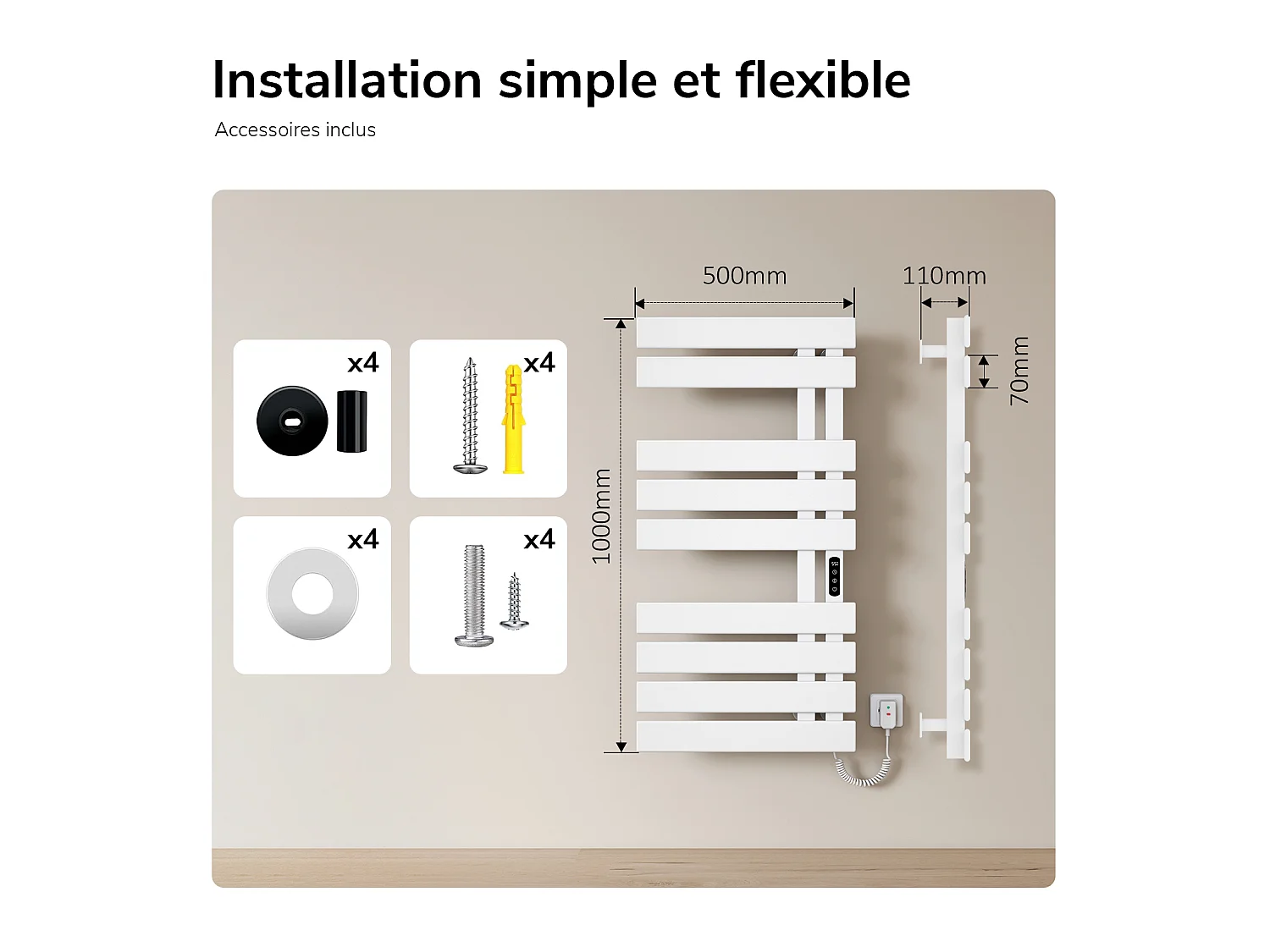 EMKE Sèche-serviettes Électrique Salle de Bain WiFi 1000x500 mm 320W, Blanc, Chauffe-serviettes Électrique