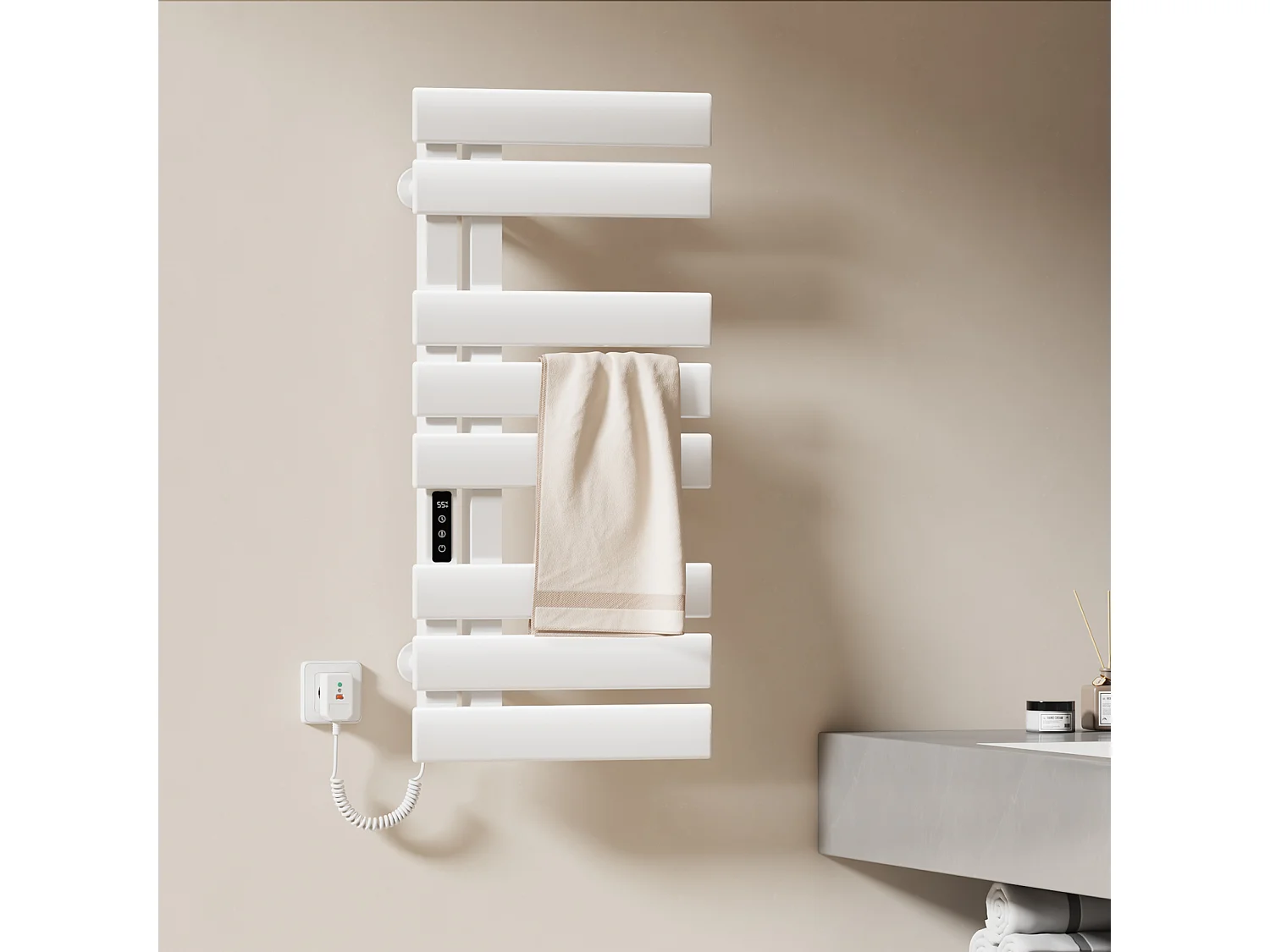 EMKE Elektrische handdoekradiator wit WiFi 85x40cm 230W carbon LCD-scherm app-bediening asymmetrisch