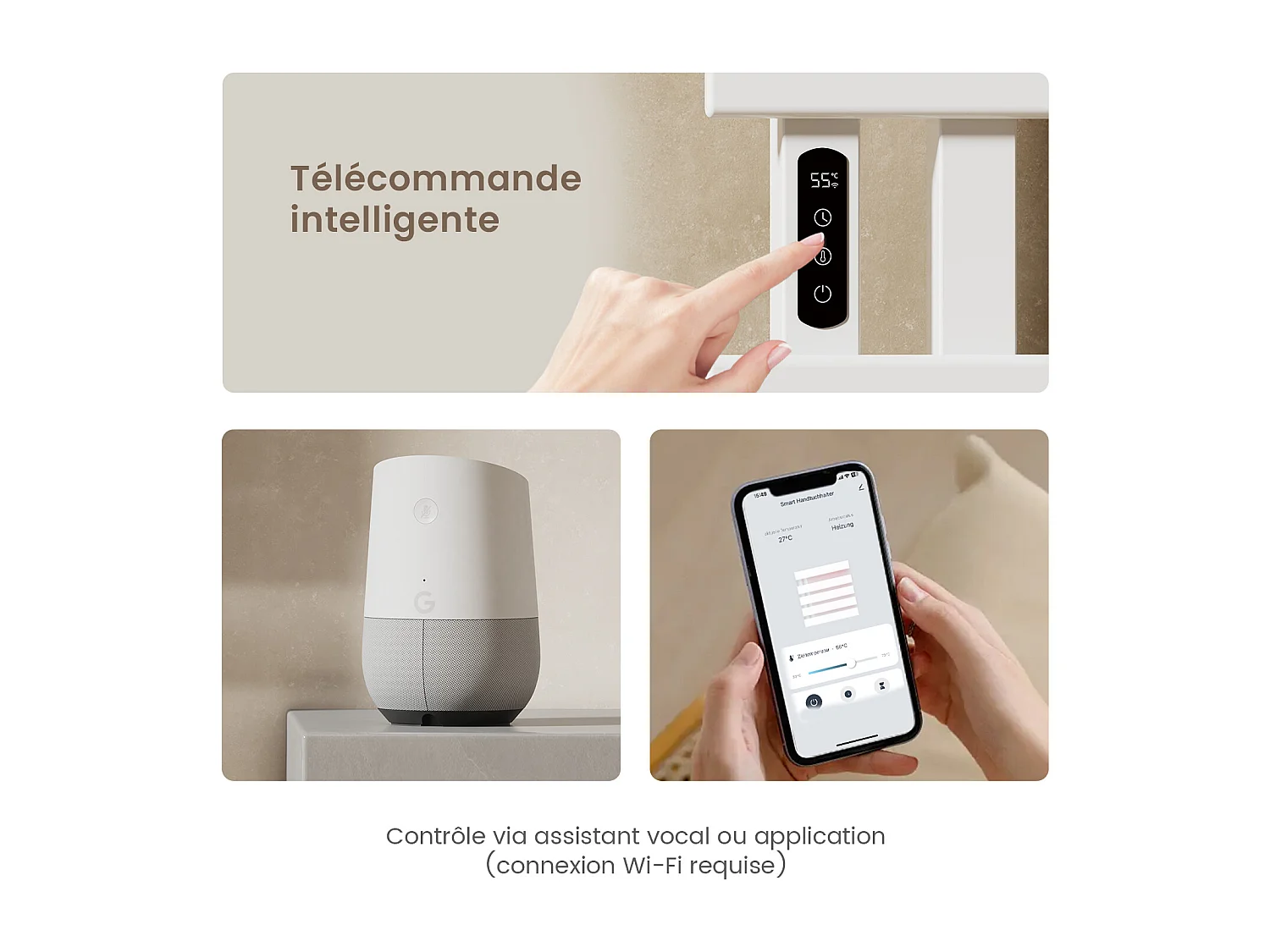 EMKE Elektrische handdoekradiator wit WiFi 85x40cm 230W carbon LCD-scherm app-bediening asymmetrisch