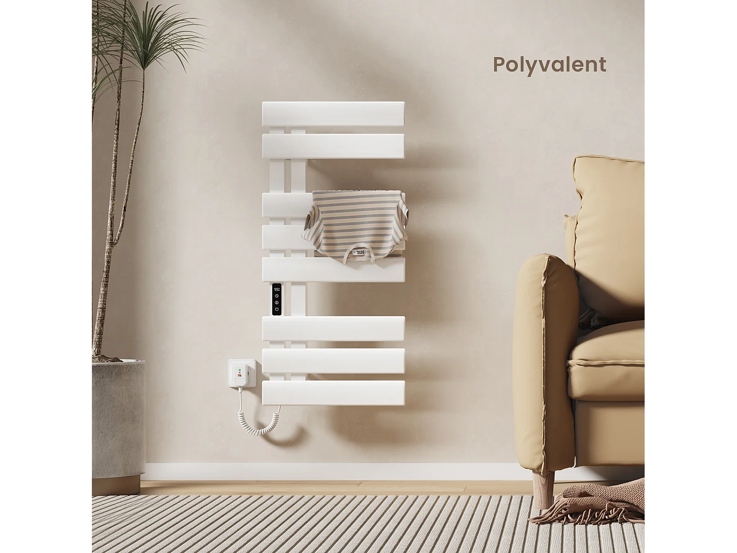 EMKE Elektrische handdoekradiator wit WiFi 85x40cm 230W carbon LCD-scherm app-bediening asymmetrisch