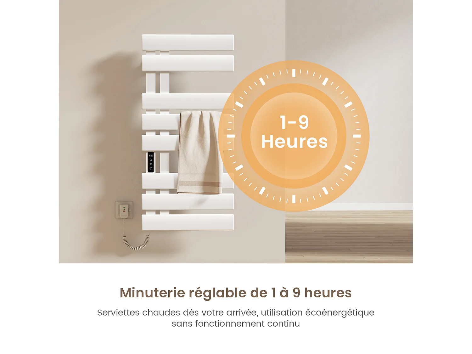 EMKE Elektrische handdoekradiator wit WiFi 85x40cm 230W carbon LCD-scherm app-bediening asymmetrisch