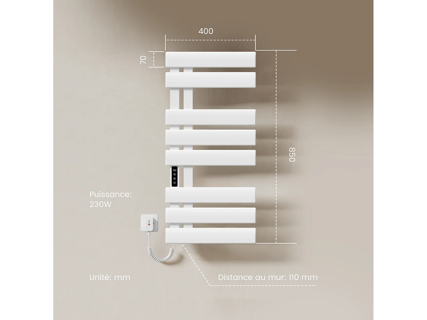 EMKE Elektrische handdoekradiator wit WiFi 85x40cm 230W carbon LCD-scherm app-bediening asymmetrisch