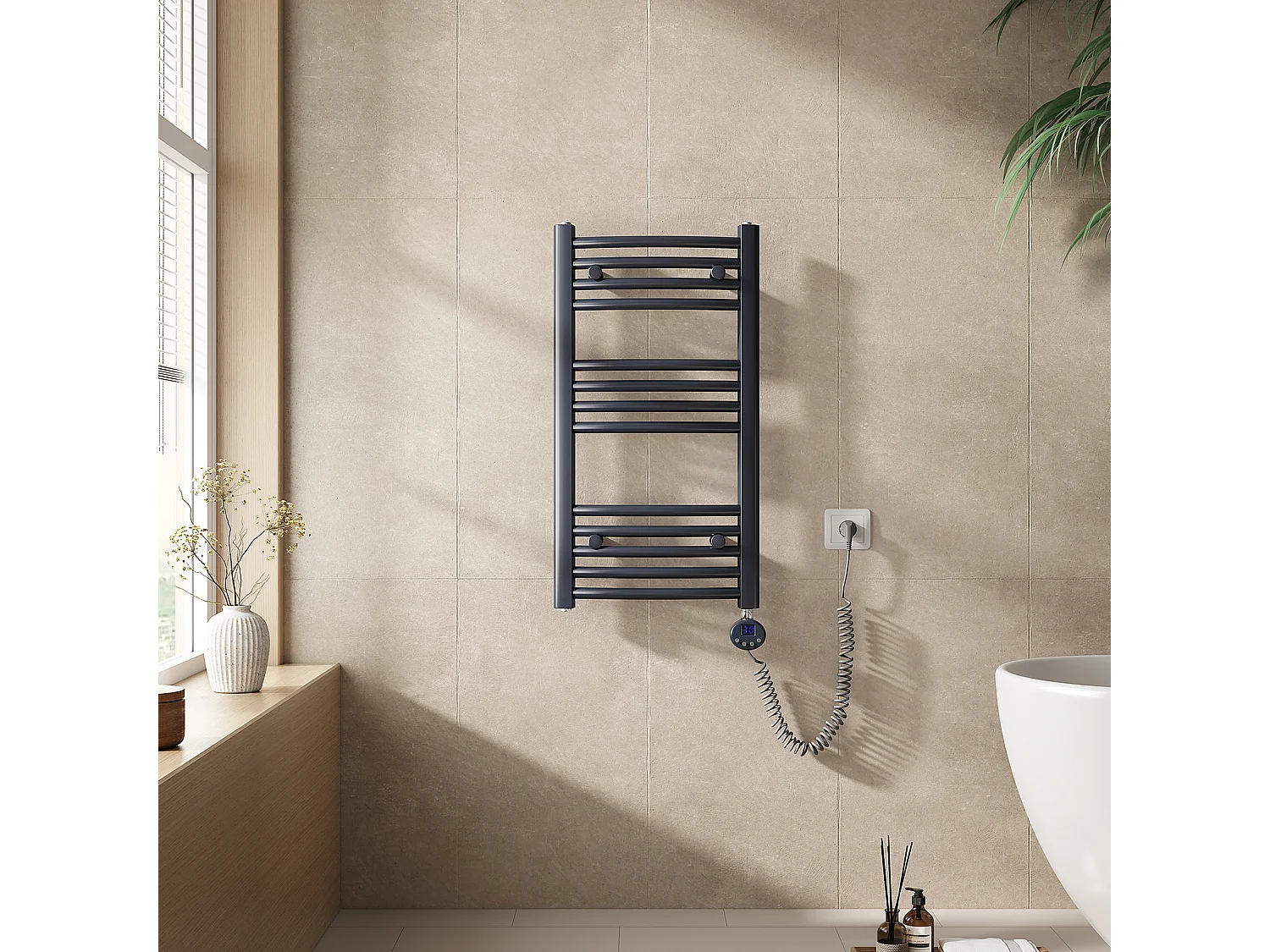 EMKE Elektrische handdoekradiator antraciet WiFi 75x40cm 300W IP44 thermostaat Tuya app smart life home