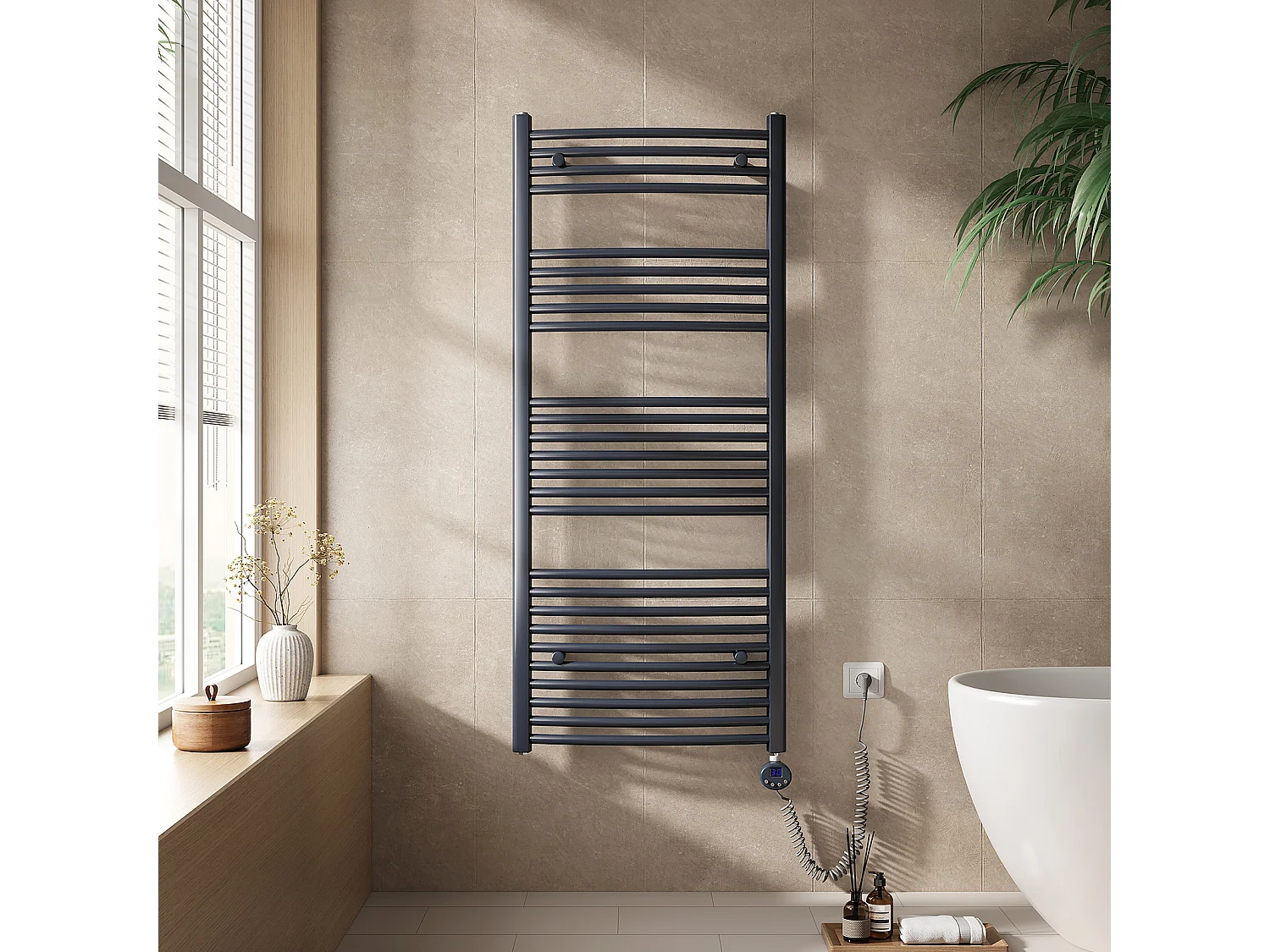 EMKE Elektrische handdoekradiator antraciet WiFi 140x60cm 600W IP44 thermostaat Tuya app smart life home