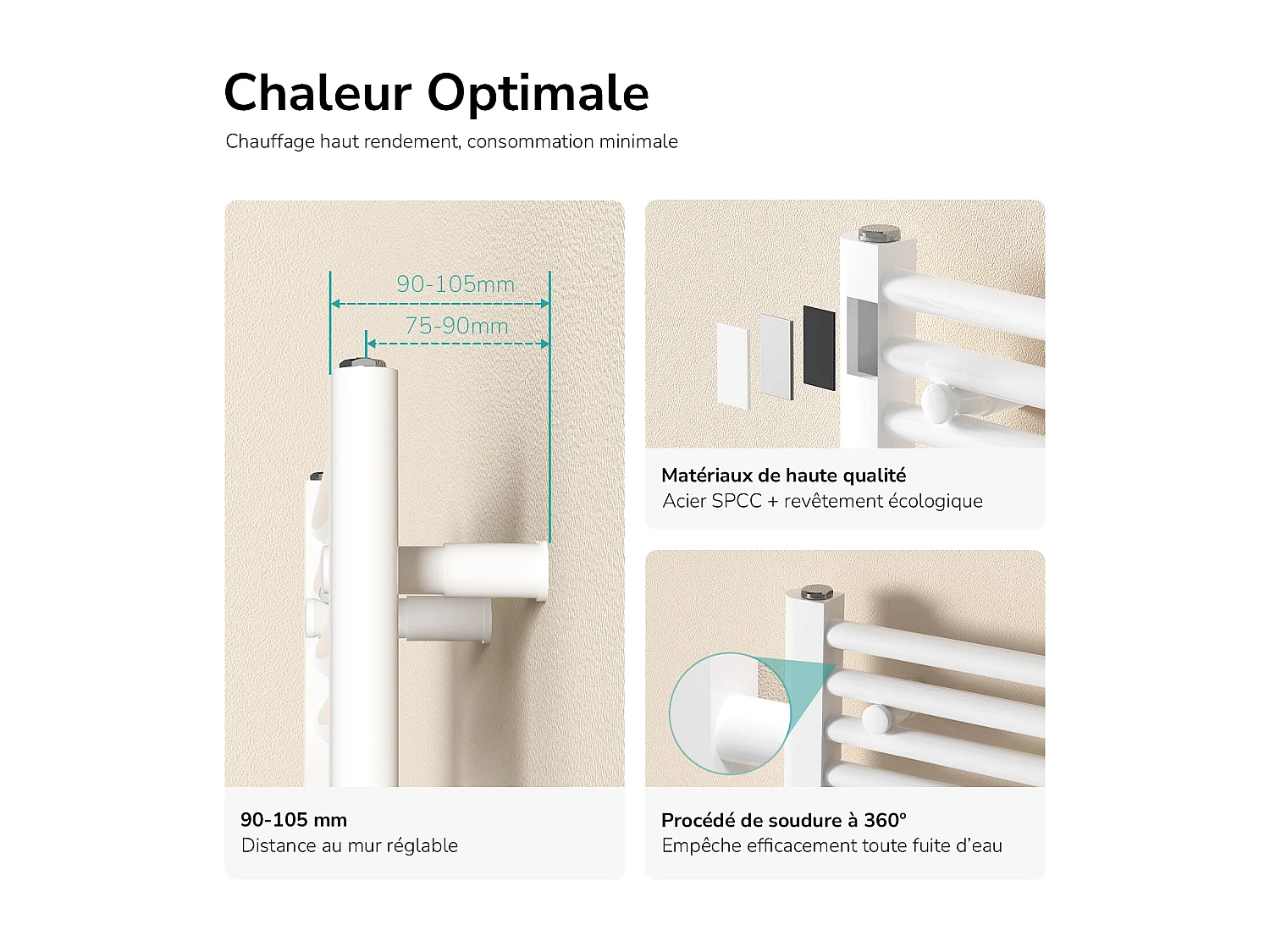 EMKE Radiateur sèche-serviette eau chaude blanc raccordement central 180 x 40 cm 618Watts