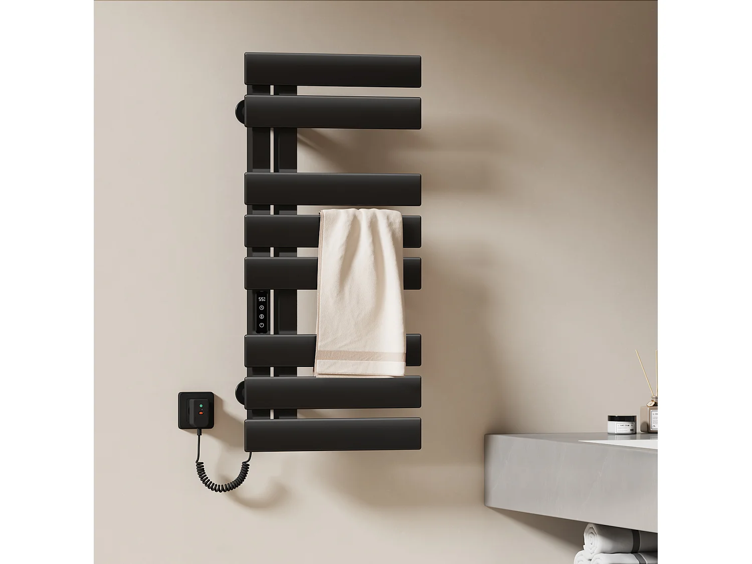 EMKE Elektrische handdoekradiator zwart WiFi 85x40cm 230W carbon LCD-scherm app-bediening asymmetrisch