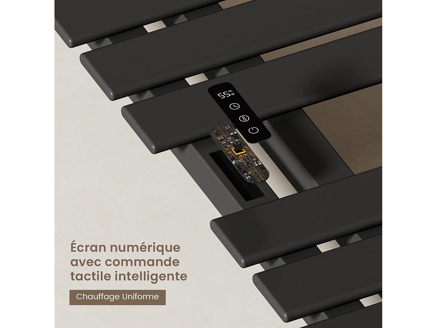 EMKE Elektrische handdoekradiator zwart WiFi 85x40cm 230W carbon LCD-scherm app-bediening asymmetrisch