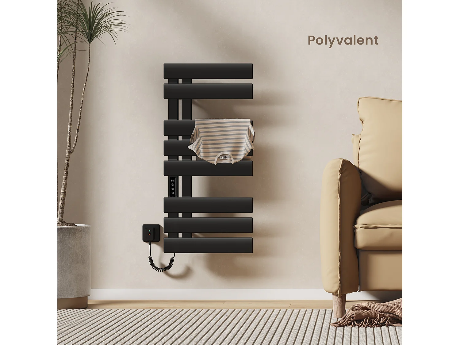 EMKE Elektrische handdoekradiator zwart WiFi 85x40cm 230W carbon LCD-scherm app-bediening asymmetrisch