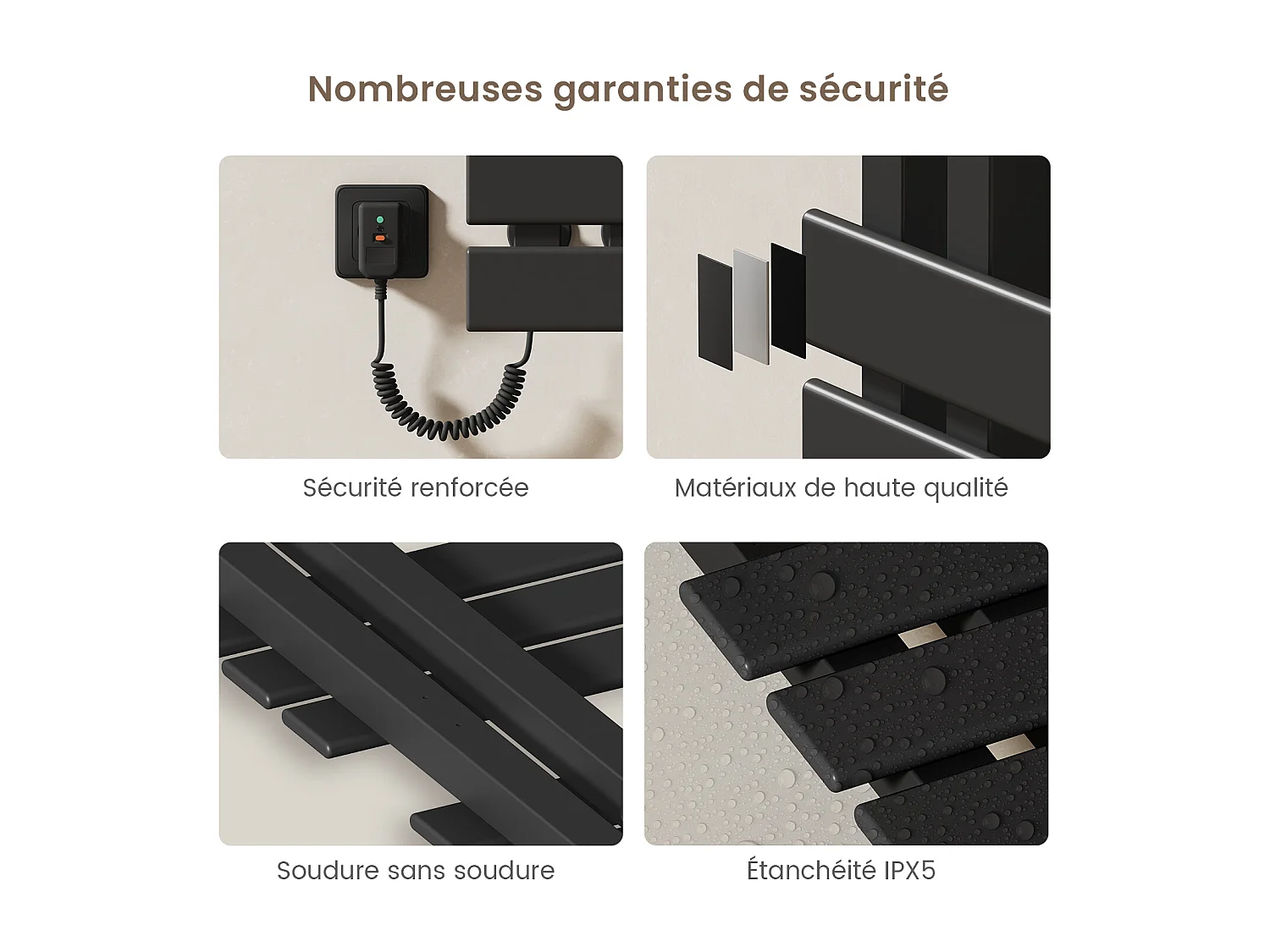 EMKE Elektrische handdoekradiator zwart WiFi 85x40cm 230W carbon LCD-scherm app-bediening asymmetrisch